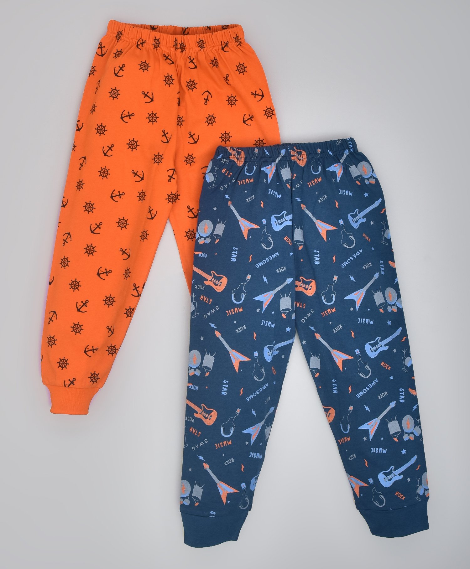 hrit Kiwi Pack Of 2 100% Cotton All Over Sea Anchors & Guitars Printed Lounge Pants With Ribbed Bottom - Blue & Orange-picture-23