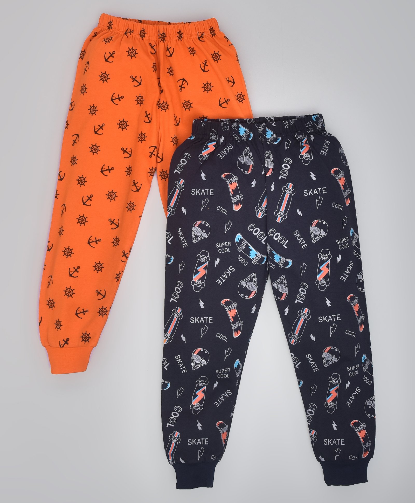 hrit Kiwi Pack Of 2 100% Cotton All Over Sea Anchors & Skate Boards Printed Lounge Pants With Ribbed Bottoms - Blue & Orange-picture-26
