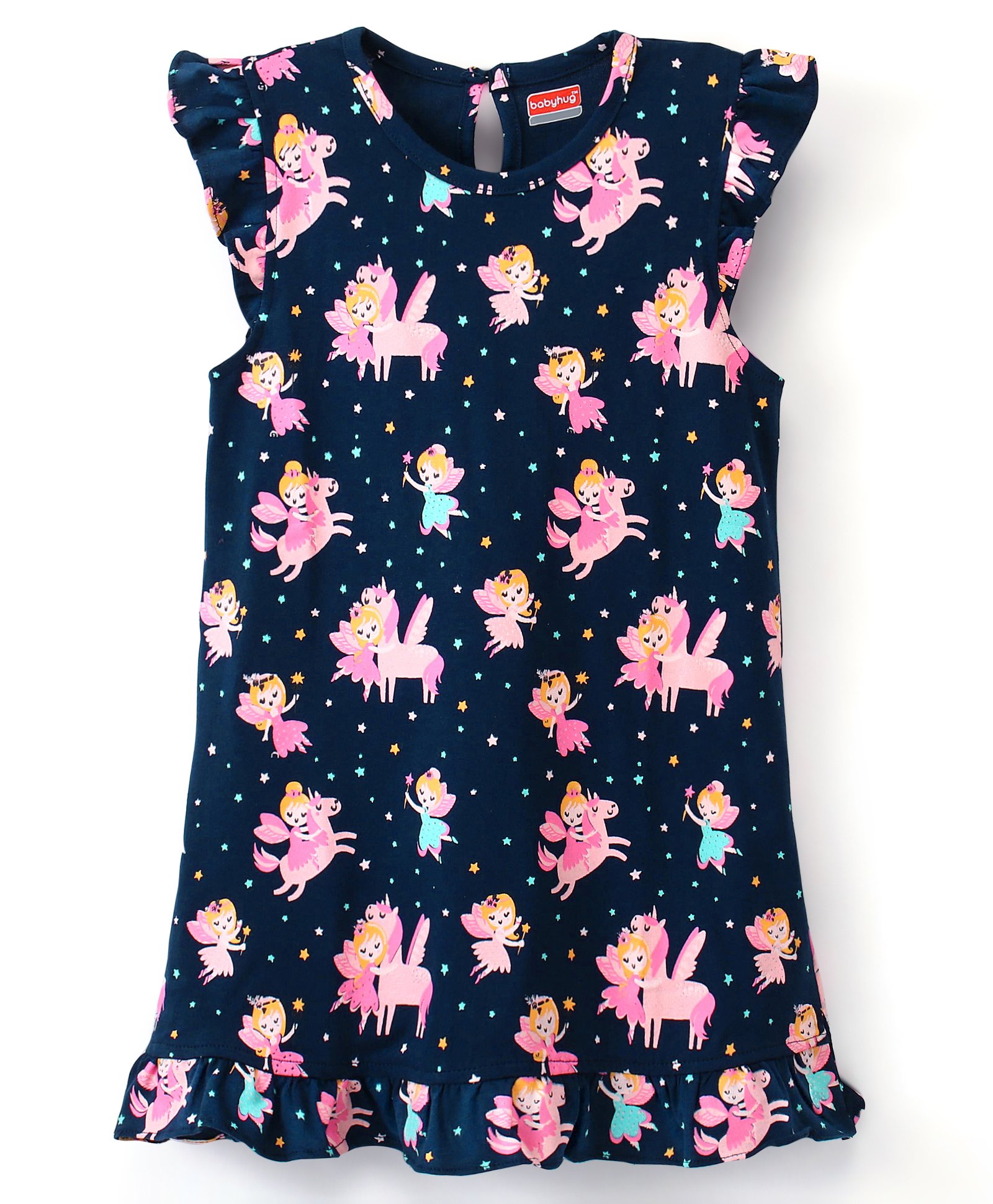 Babyhug Cotton Flutter Sleeves Nighty Fairy & Unicorn  Print - Navy Blue-image-22