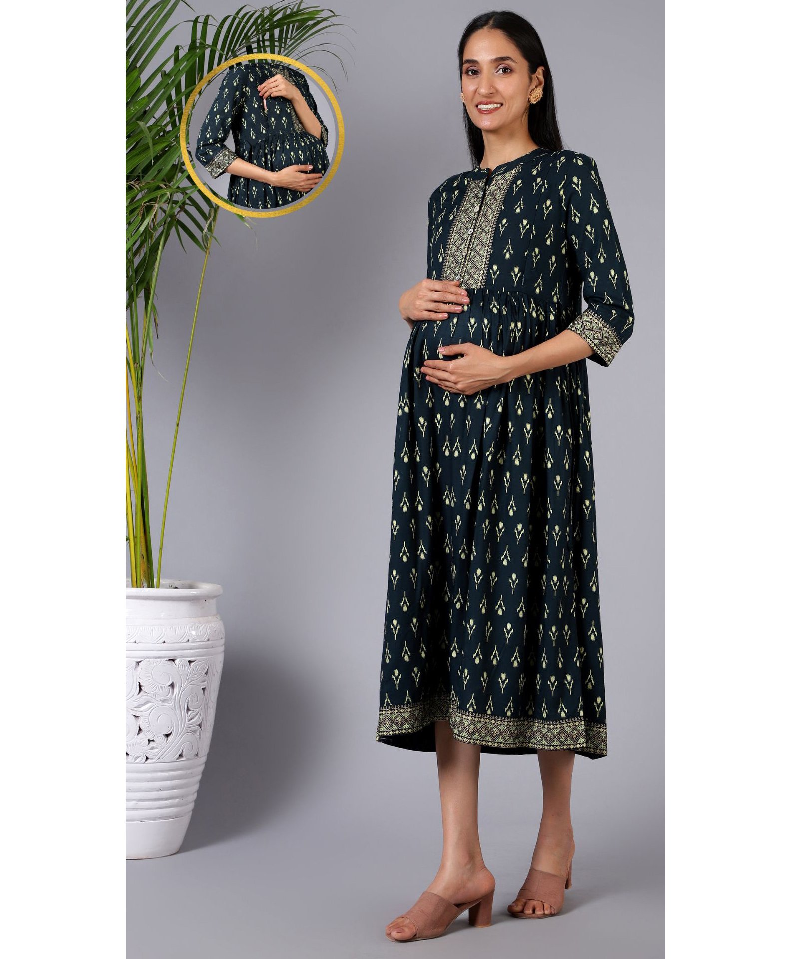 Zelena Three Fourth Sleeves All Over Ikat Designed Motif & Geometric Floral Printed Maternity Dress With Vertical Concealed Zipper Nursing Access - Dark Green-picture-10