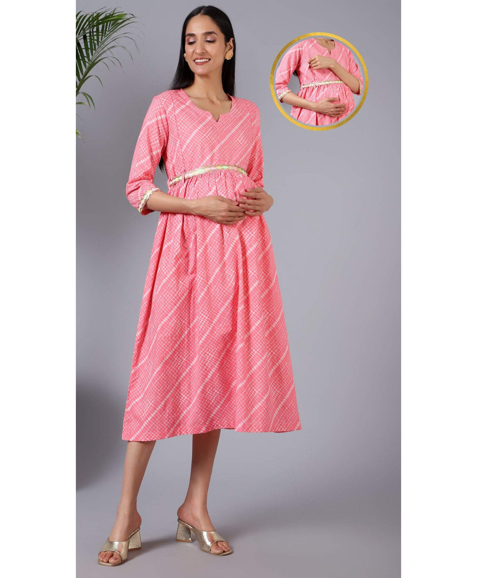 Zelena Three Fourth Sleeves Checkered & Embroidered Lace Embellished Fit & Flare Maternity Dress With Vertical Concealed Zipper Nursing Access - Pink-image-48