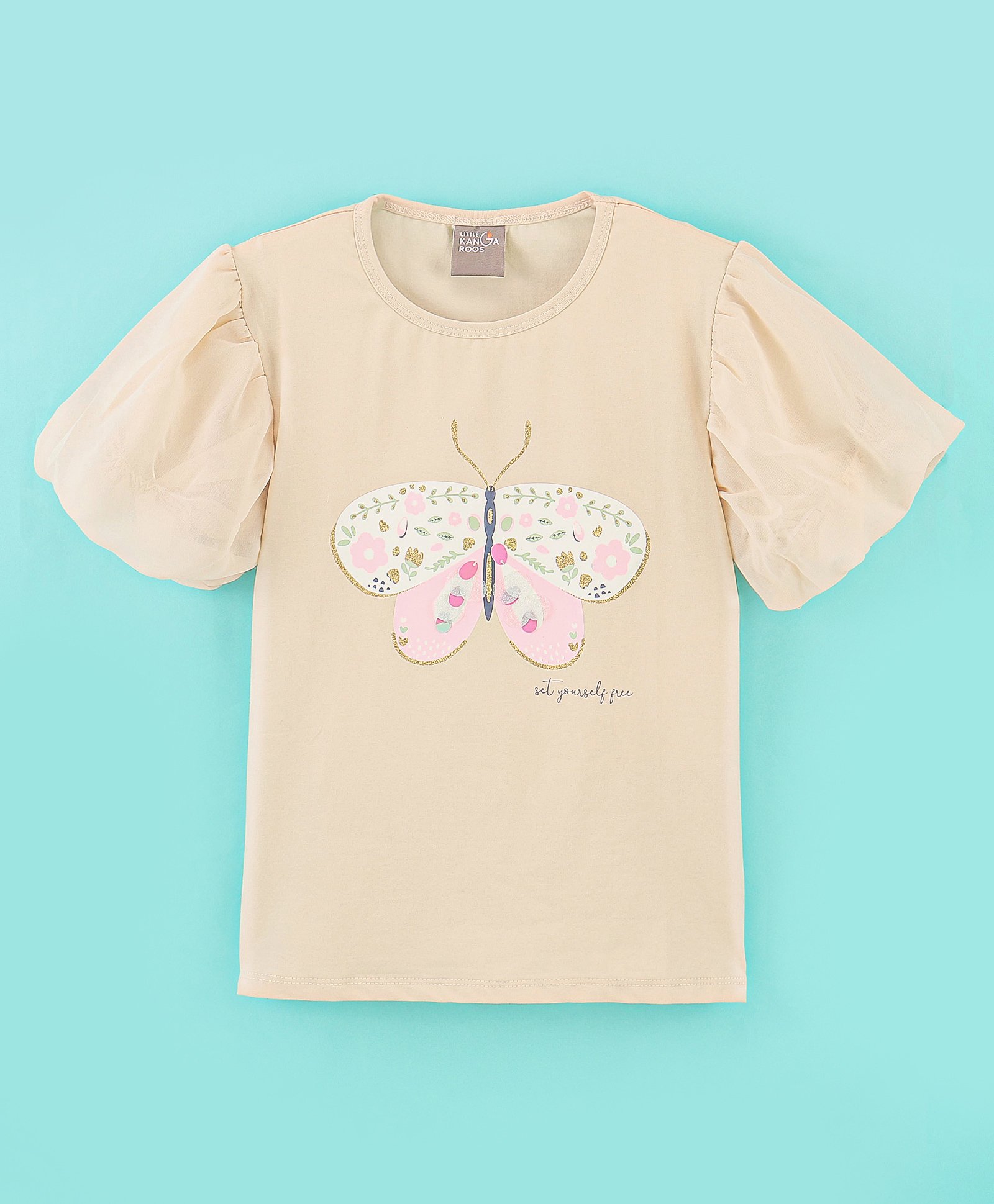 Little Kangaroos Cotton Lycra Half Sleeves Top Butterfly Print- Beige-picture-18