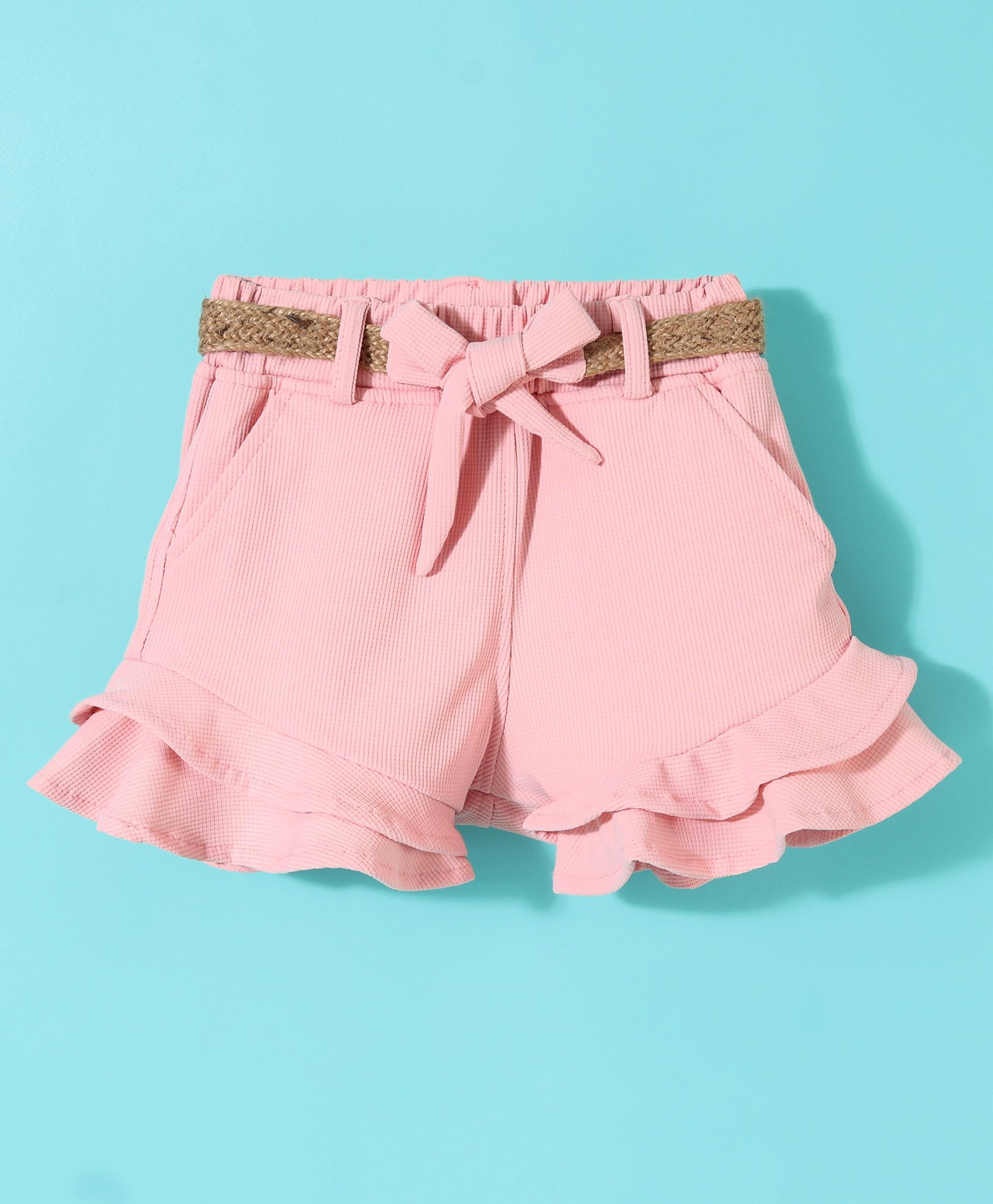 Little Kangaroos Woven Mid Thigh Waffel Flared Fit Solid Shorts with Self Belt - Pink-picture-28