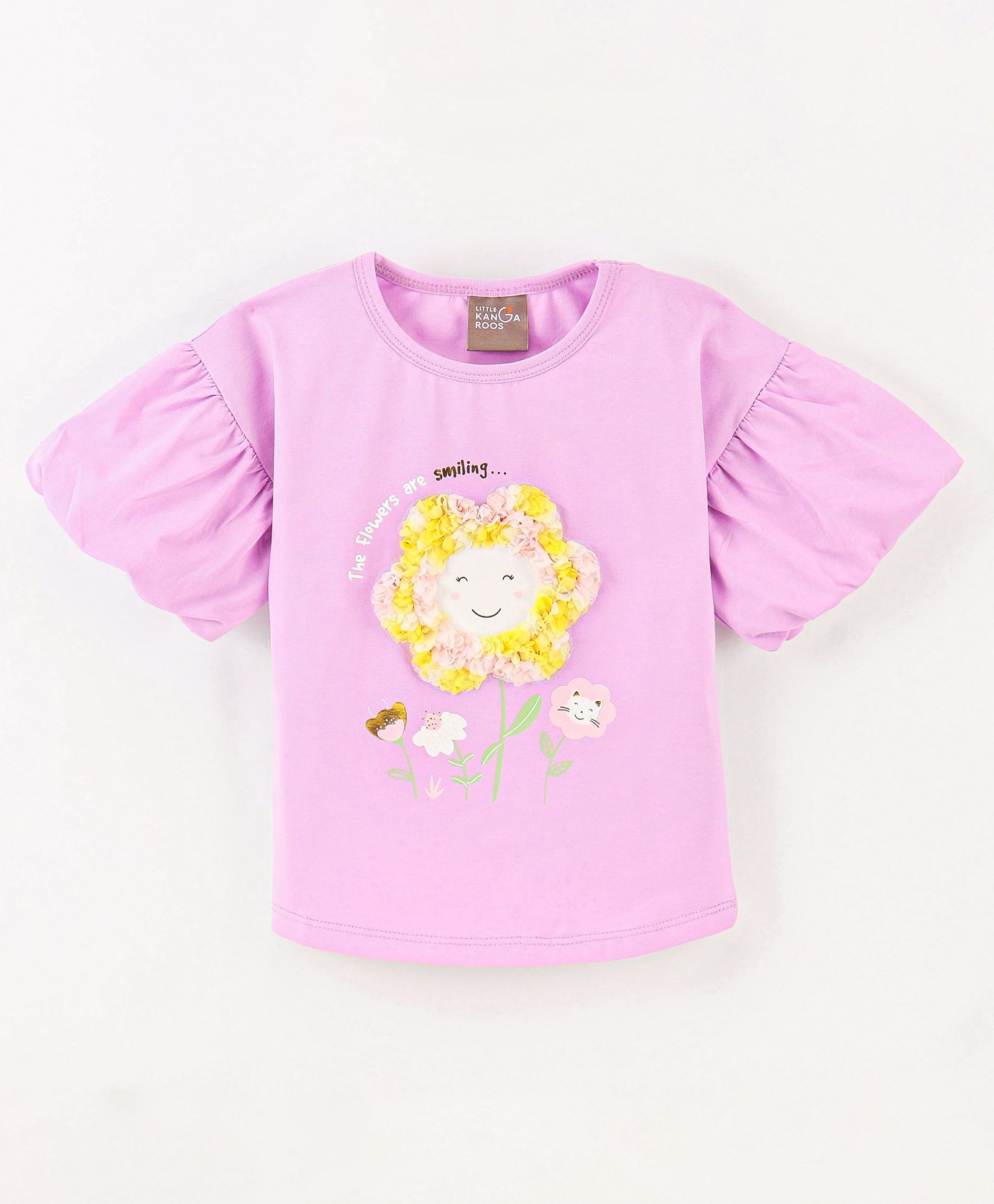 Little Kangaroos Cotton Lycra Half Sleeves Drop Shoulder Top Floral Print with Applique - Pink-picture-19