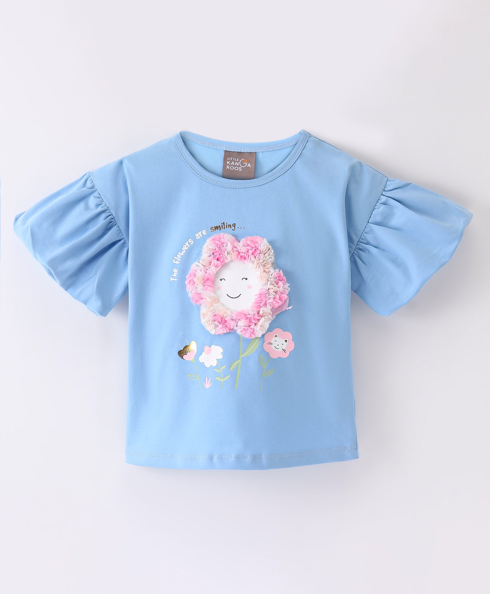 Little Kangaroos Cotton Lycra Half Sleeves Drop Shoulder Top Floral Print with Applique - Bigal Blue-picture-17