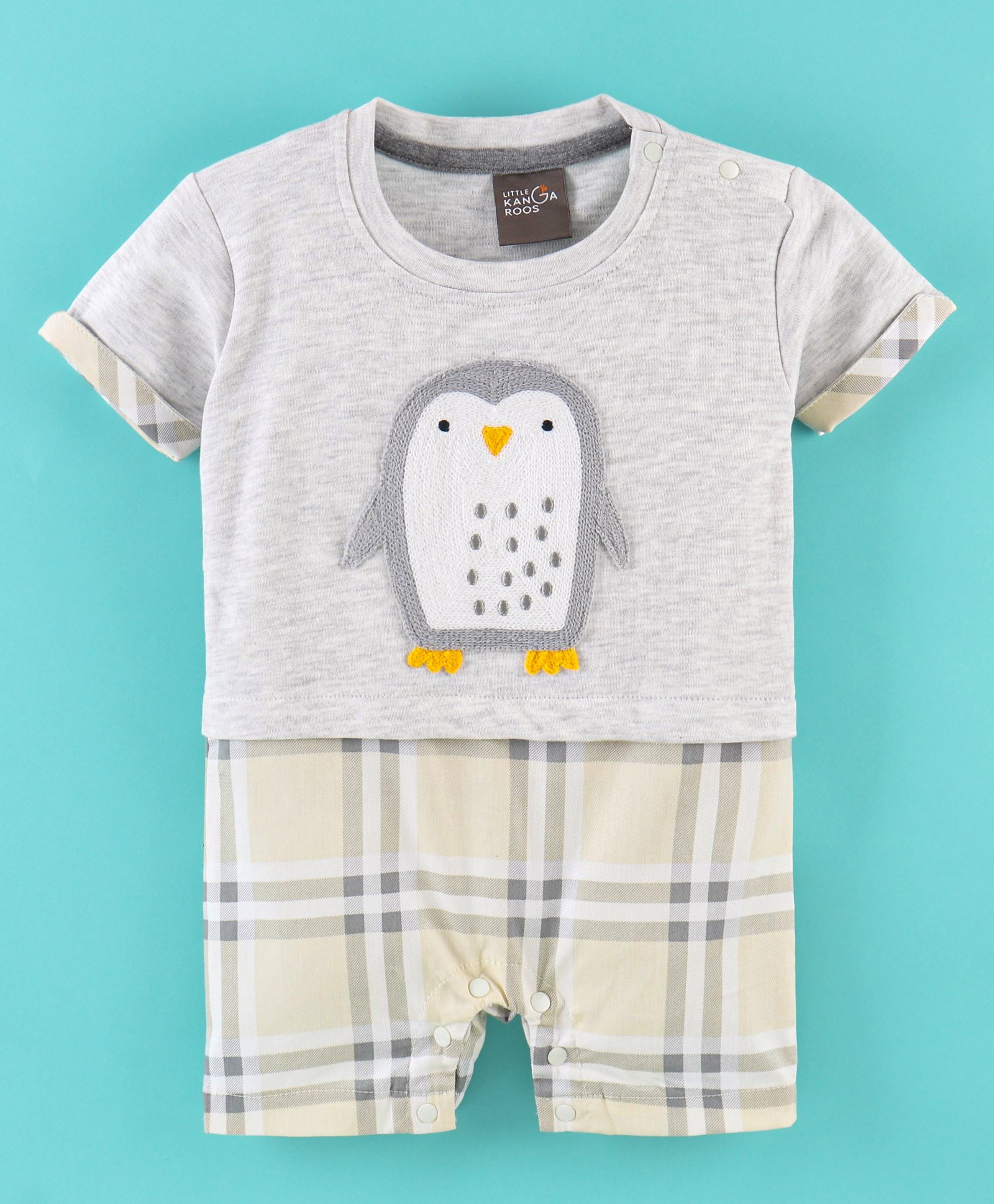 Little Kangaroos 100% Cotton Half Sleeves Checked Romper With Penguin Embroidery- Yellow & Grey-picture-28