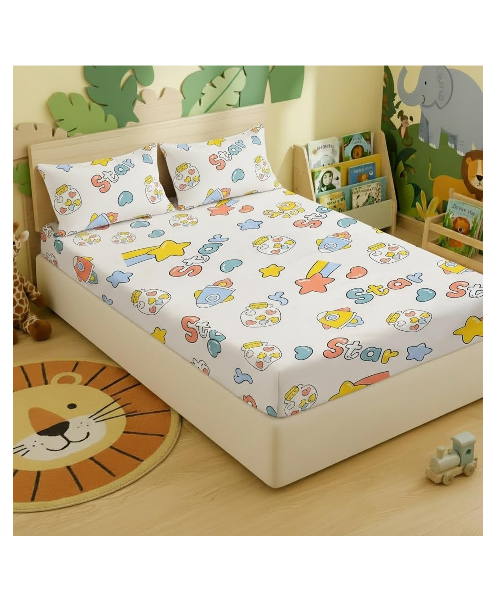 Filymore Kids Double Bedsheet Cute Space Design with 2 Pillow Cover-Off white-image-6