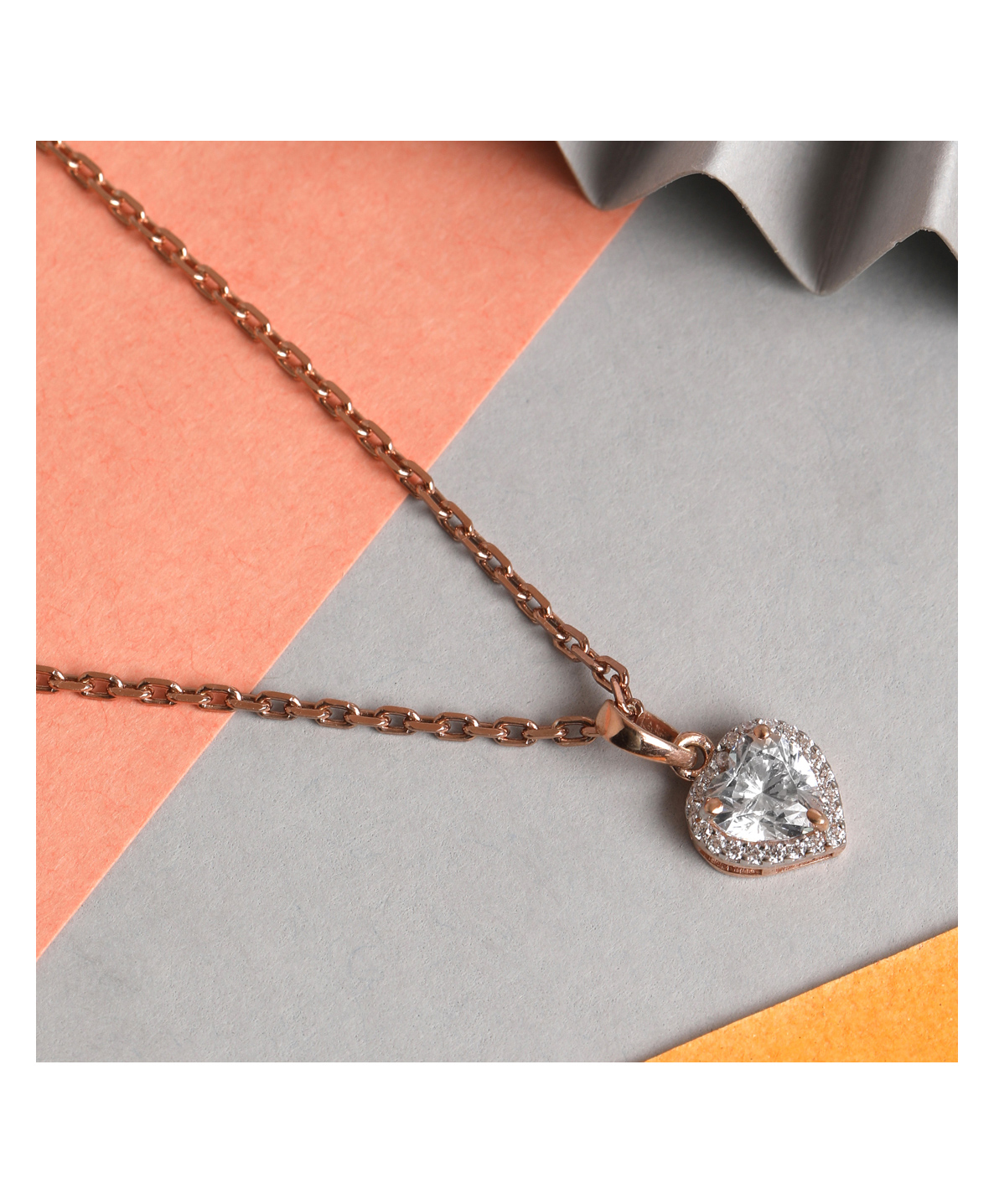 CLARA 925 Silver Rose Gold Rhodium Plated Swiss Zirconia Heart Solitaire Pendant Chain Necklace - Golden-picture-29