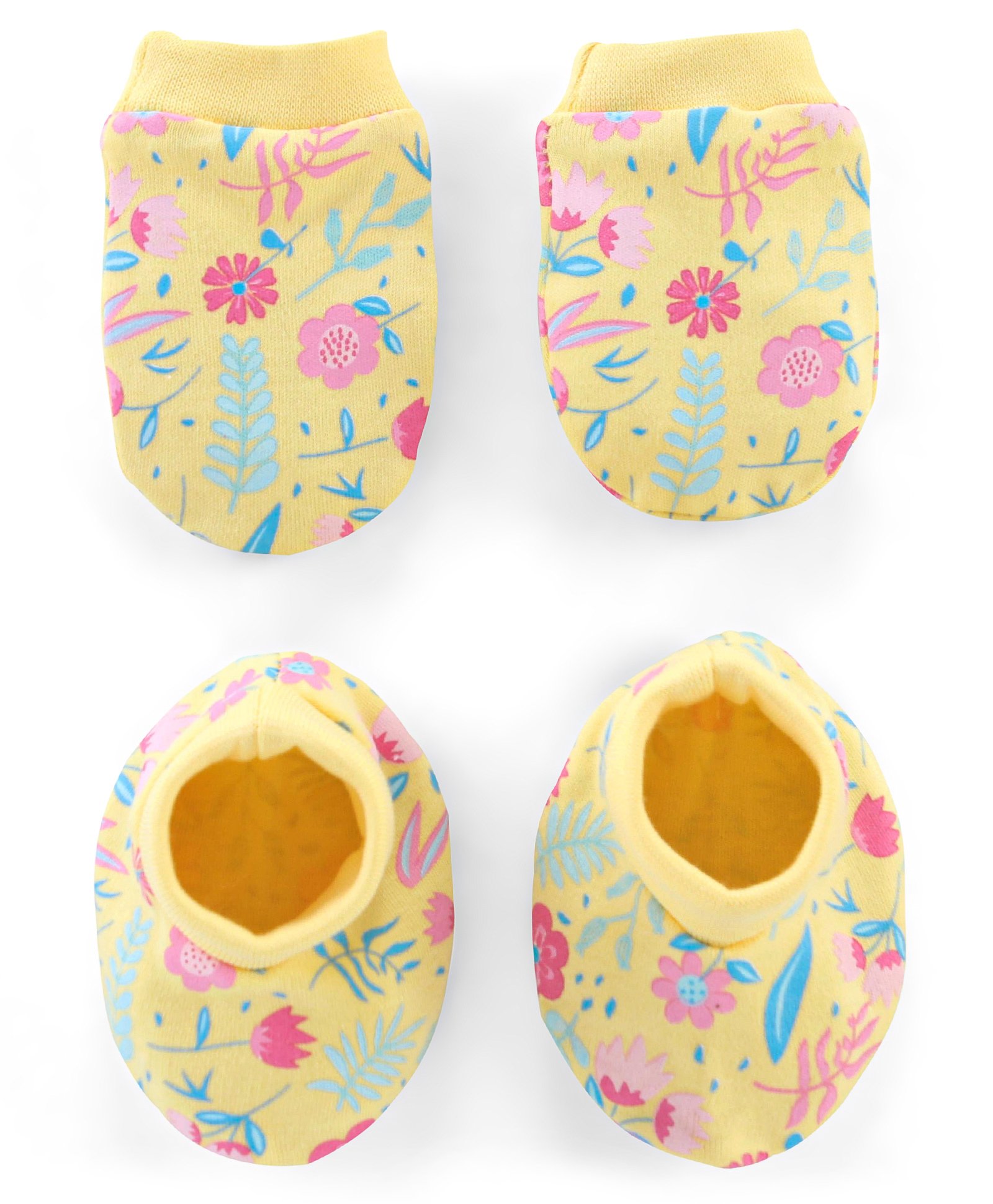 Babyhug 100% Cotton Knit Mittens & Booties Set Floral Print - Yellow-picture-28