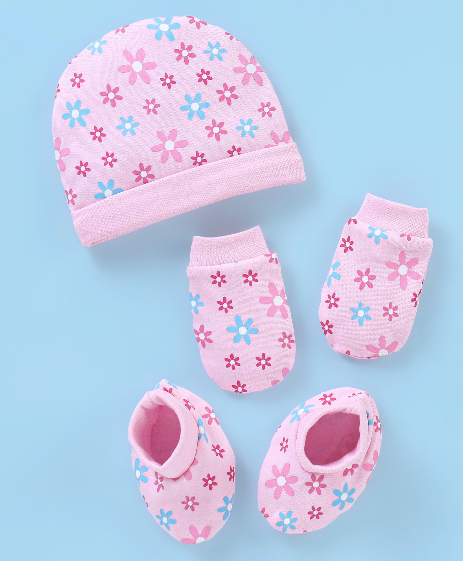 Babyhug Cotton Floral Print Cap Mittens & Booties Set - Pink-image-41