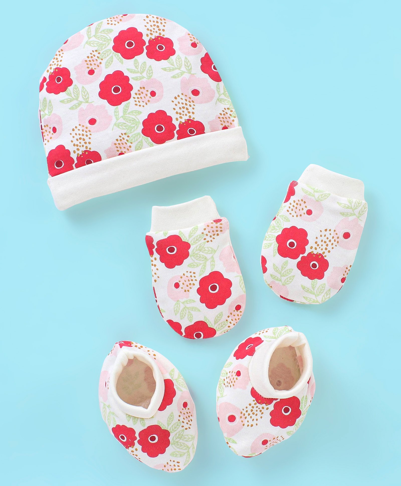 Babyhug Cotton Floral Print Cap Mittens & Booties Set - Red-image-12