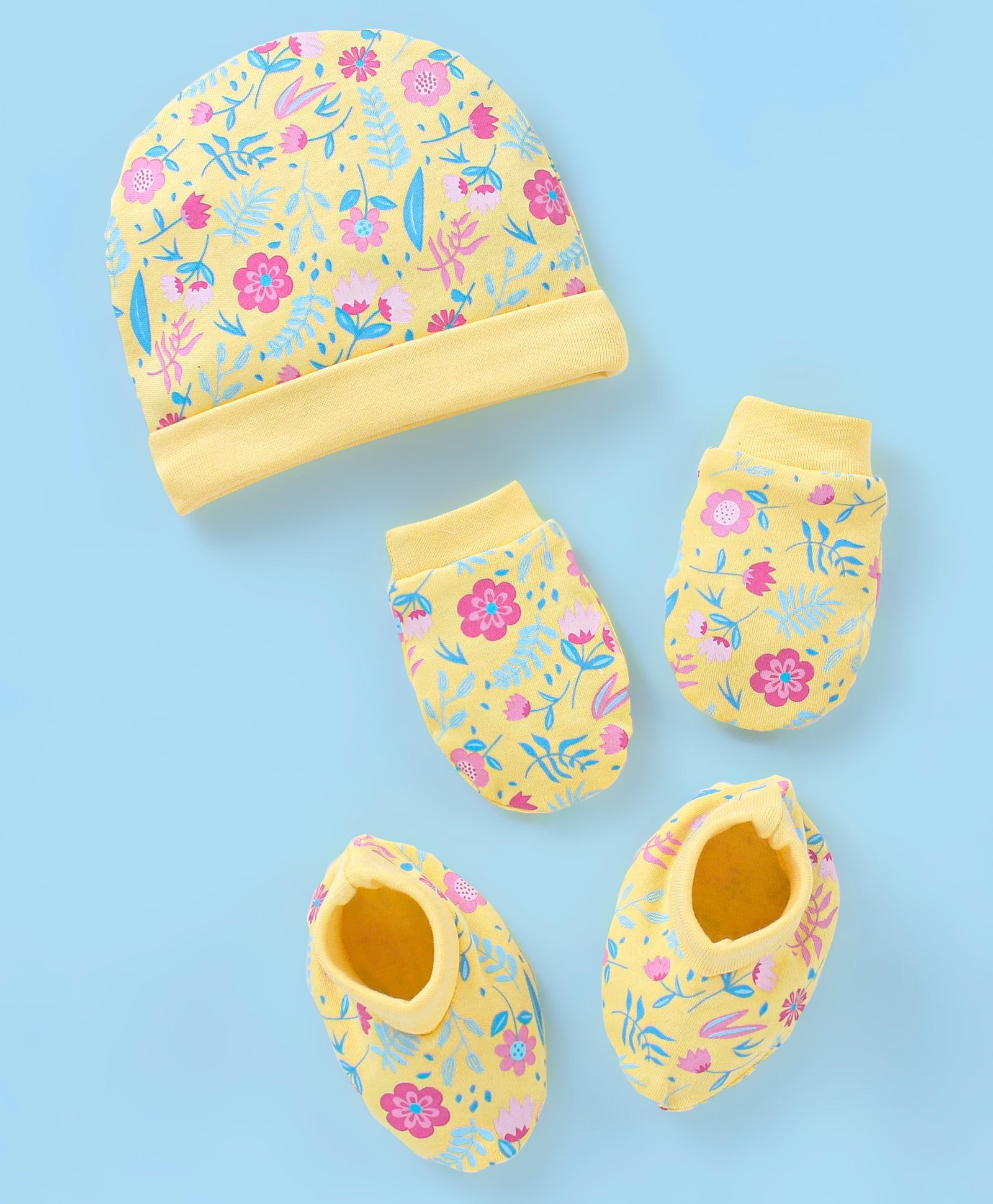 Babyhug Cotton Floral Print Cap Mittens & Booties Set - Yellow-image-5