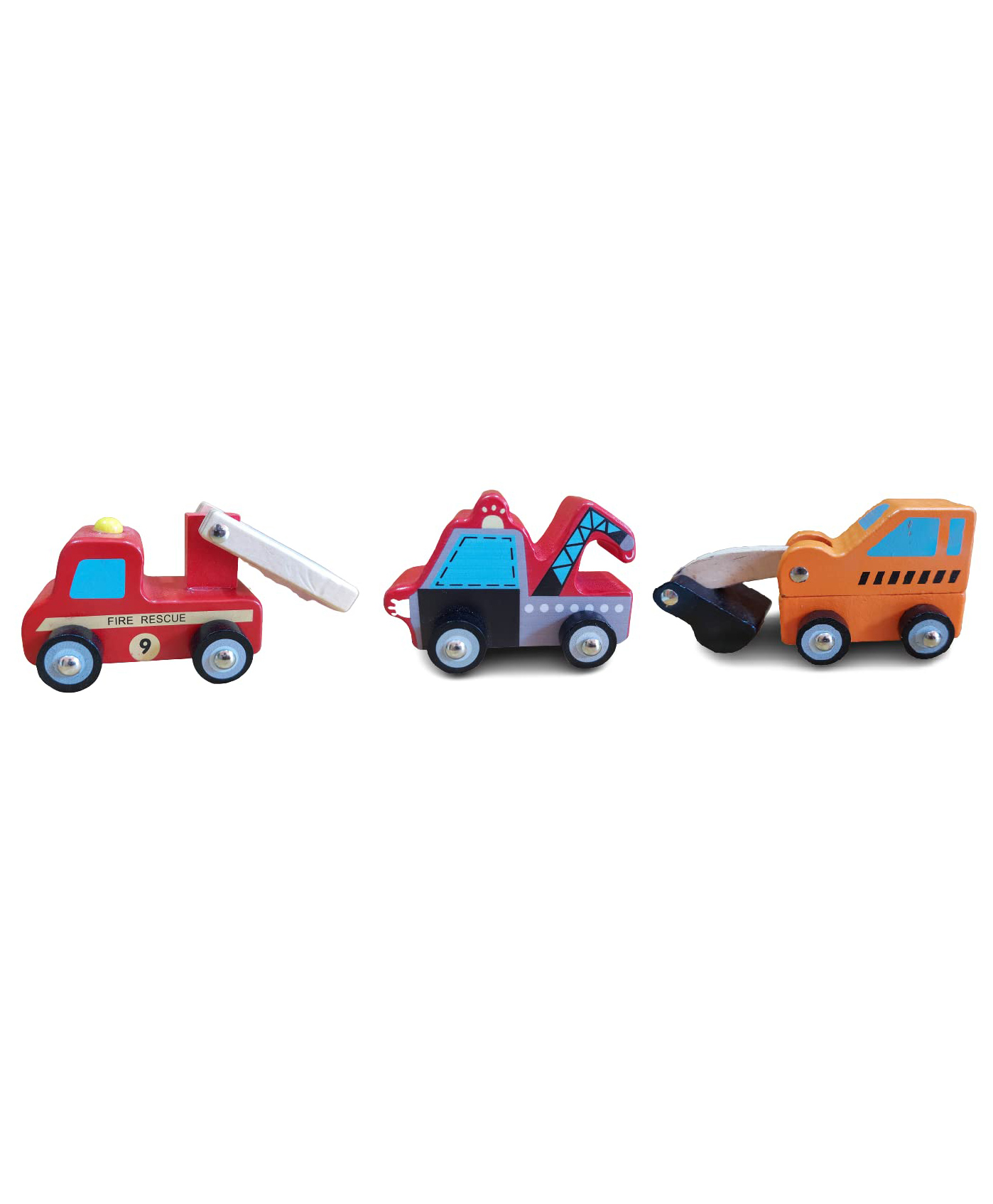 Funwood Games Multicolored Wooden Fire Brigade JCB Truck Towing Truck Pull Push Along Toy Car Vehicle for Kids Set of 3 - Multicolour-image-14