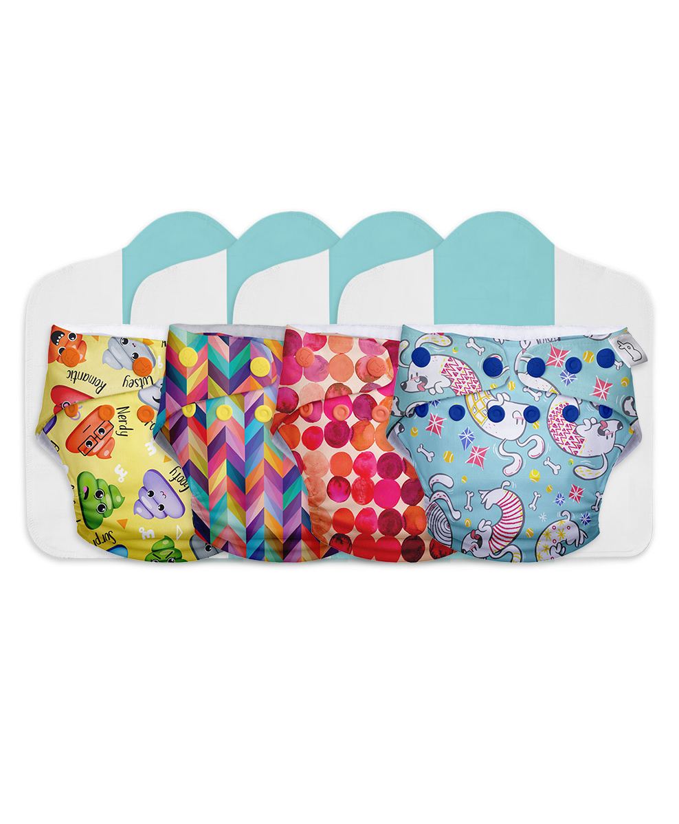 SuperBottoms Cloth Diapers Combo Pack of 4 with 4 Organic Cotton Insert pads - Freesize (Colour May Vary)