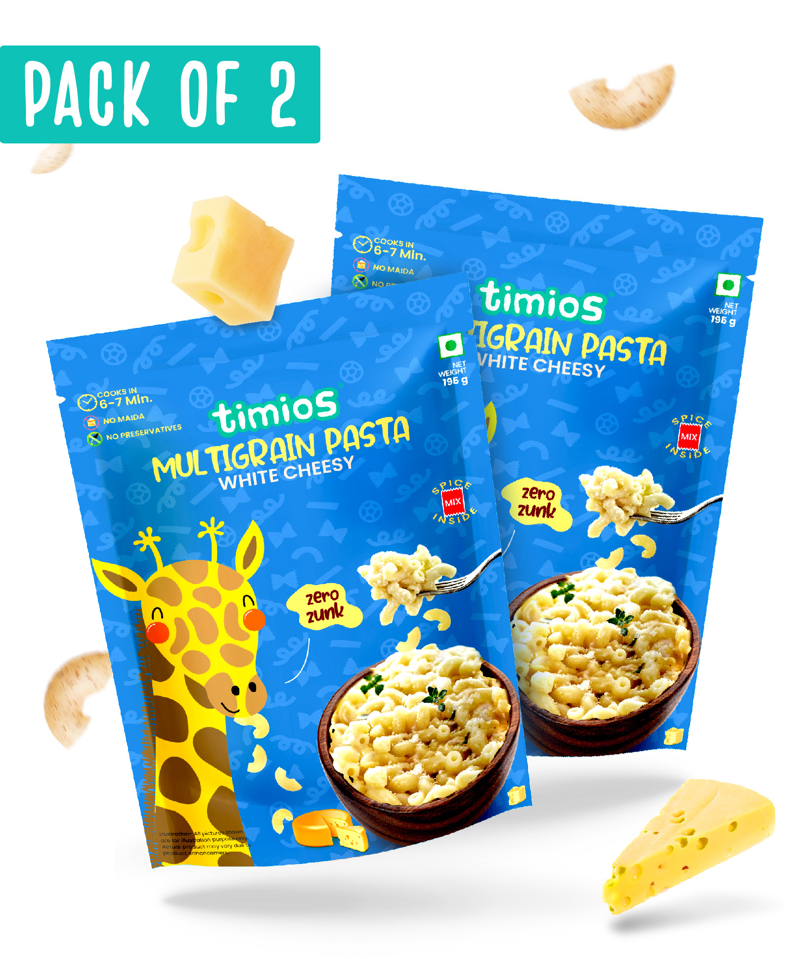 timios Non-Fried No-Maida Healthy Instant White Cheesy Macaroni Pasta made with Brown Rice and Corn Pack of 2 - 195 g Each