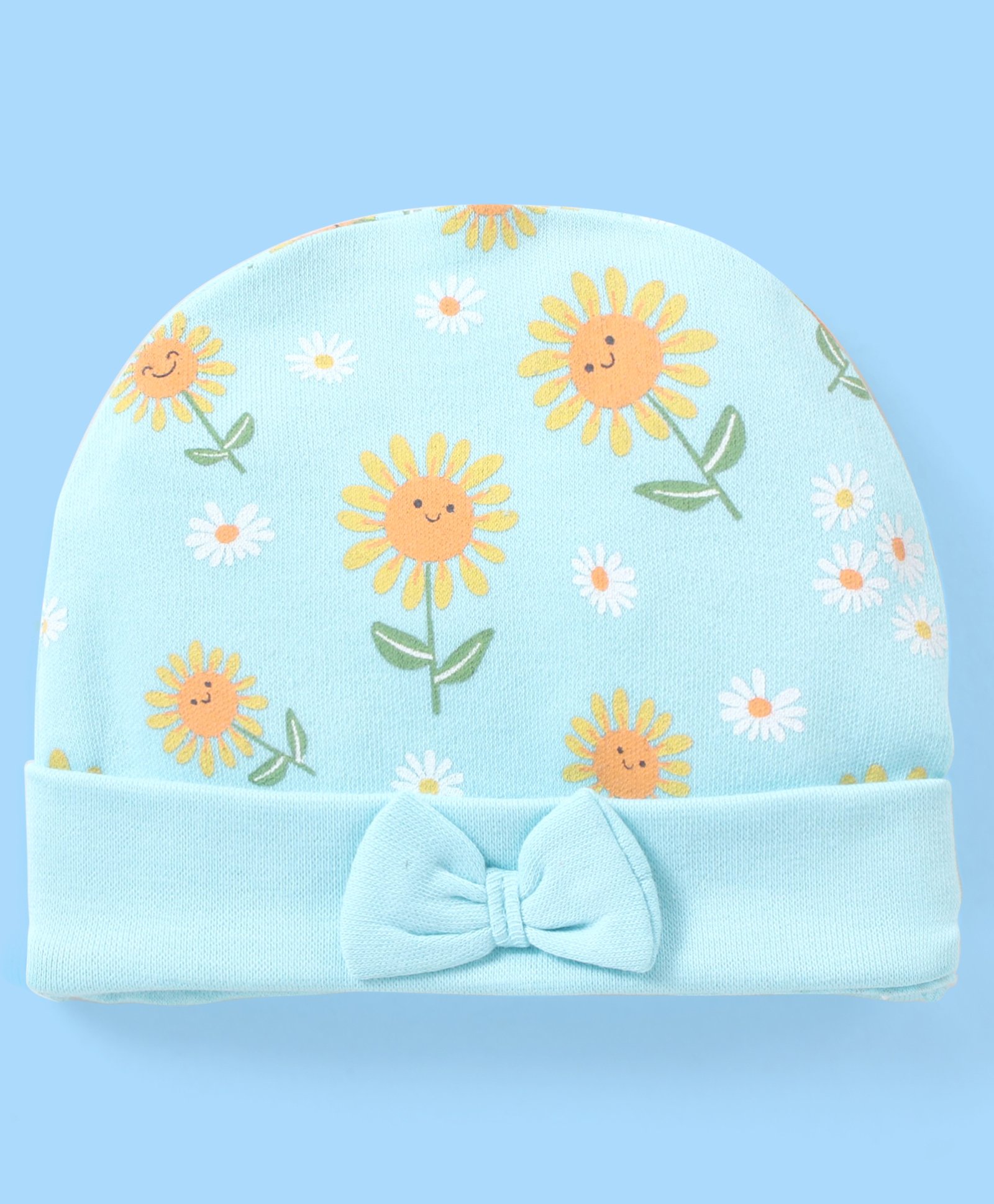 Babyhug 100% Cotton Cap Sun Flower Printed with Bow Applique - Blue-image-45