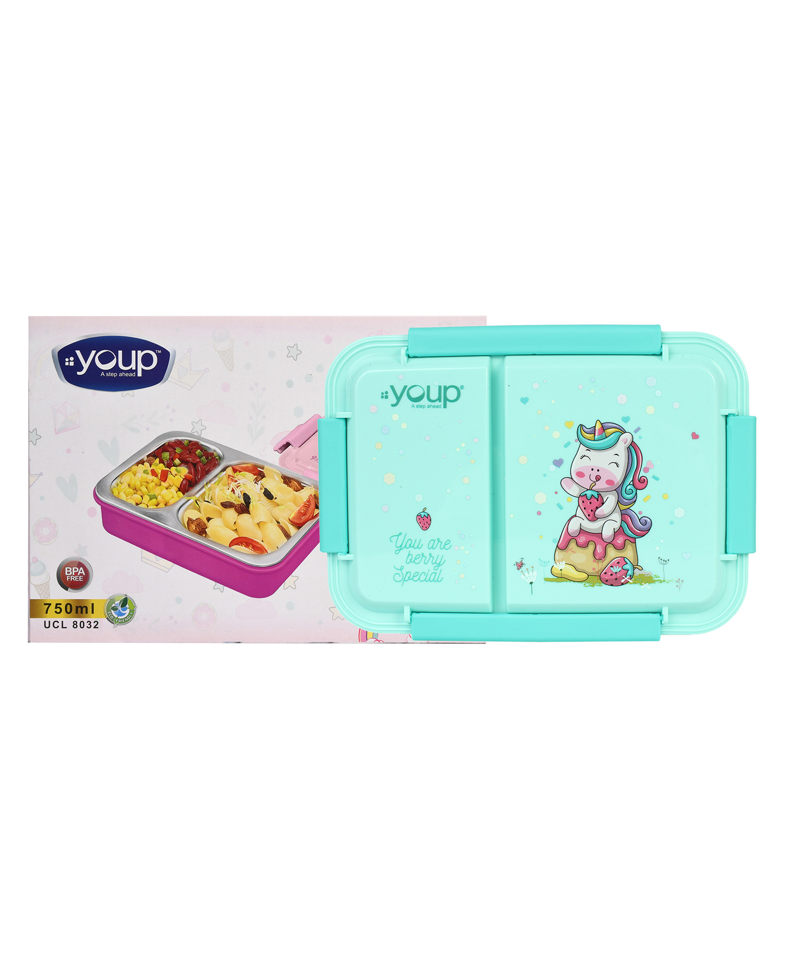 YOUP Stainless Steel Unicorn Theme Lunch Box With 2 Compartments - Green-picture-6