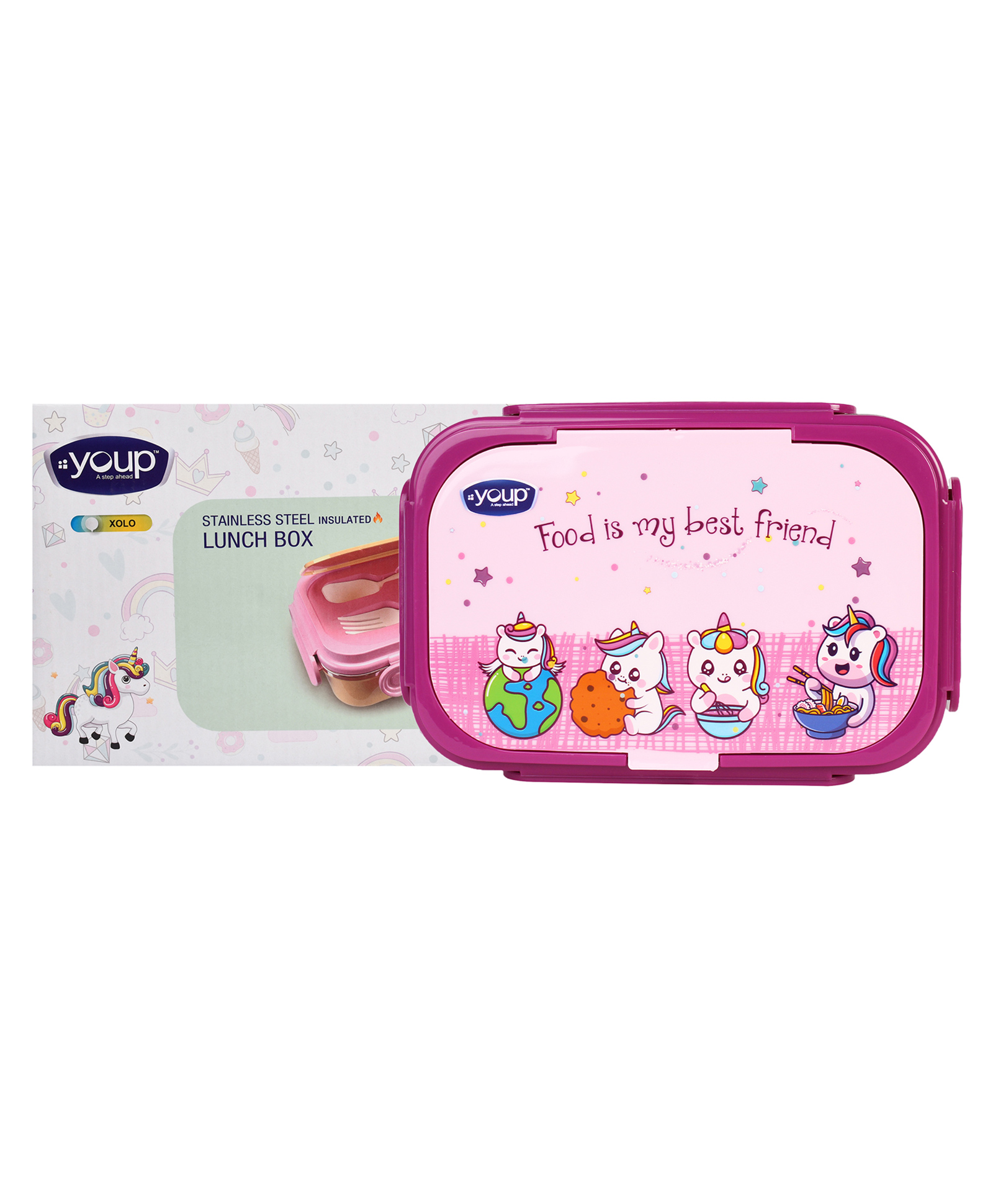 YOUP Stainless Steel Insulated Unicorn Theme Lunch Box With Fork & Spoon - Pink and Purple-picture-37