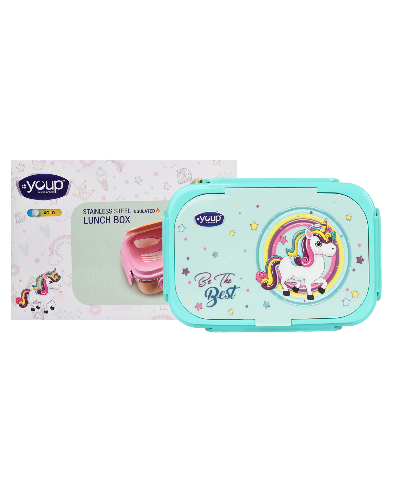 YOUP Stainless Steel Insulated Unicorn Theme Lunch Box With Fork & Spoon - Sea Green-picture-4