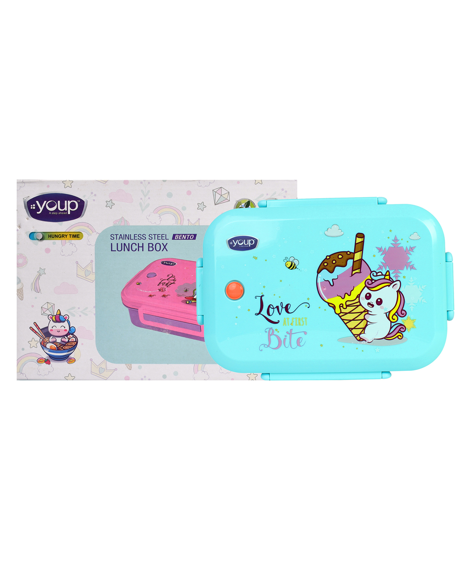 YOUP Stainless Steel Unicorn Theme Lunch Box With 3 Compartments and Spoon - Blue & Orange-picture-5