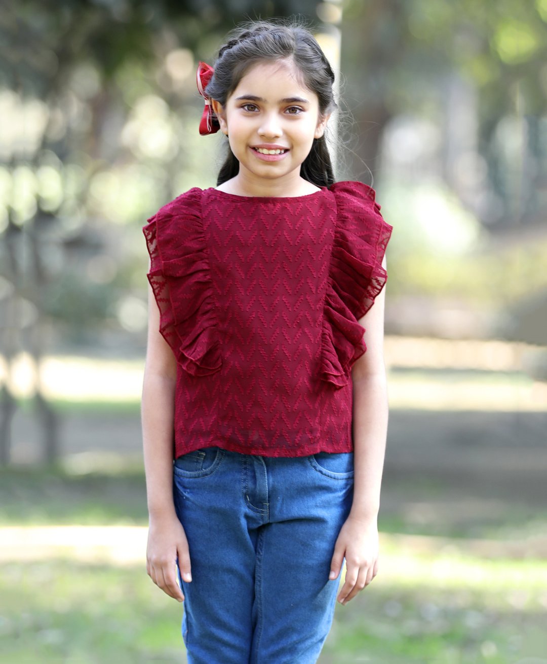 Cutiekins Frilled Sleeves Chevron Embroidered Top - Maroon-image-27