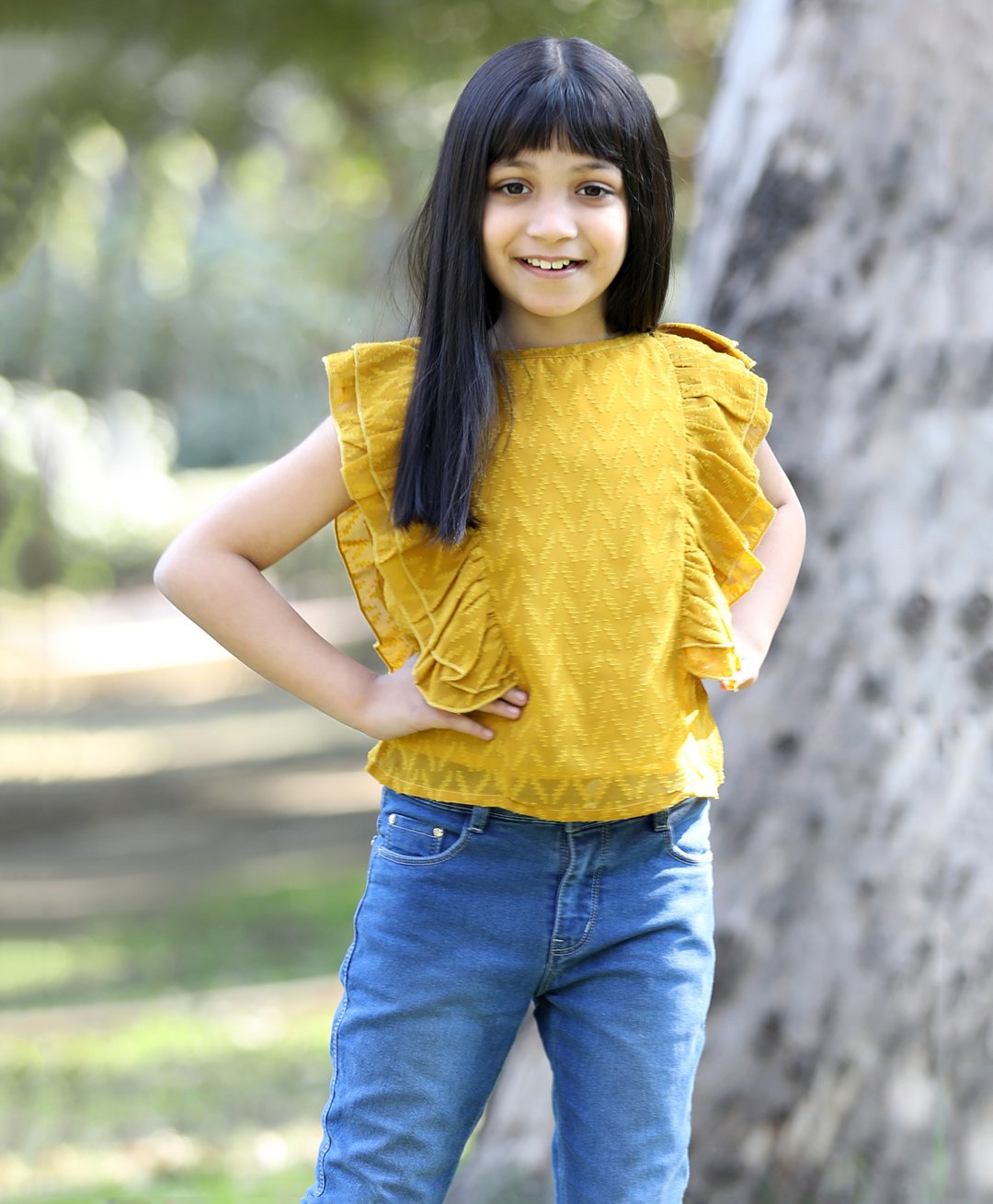 Cutiekins Frilled Sleeves Chevron Embroidered Top - Mustard Yellow-picture-10