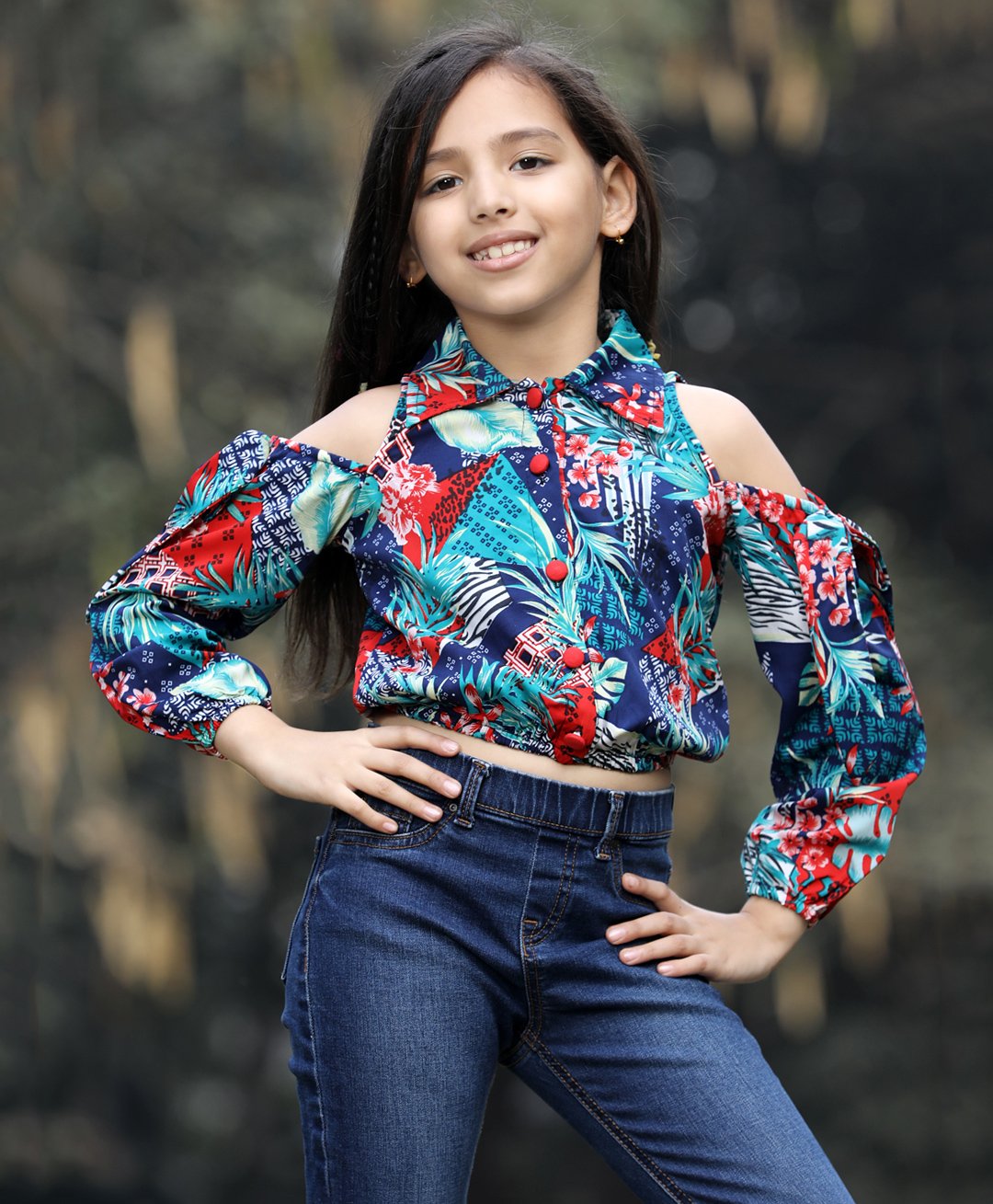 Cutiekins Cold Shoulder Halter Neck Full Sleeves Abstract Floral Printed Top - Multi Colour-image-21