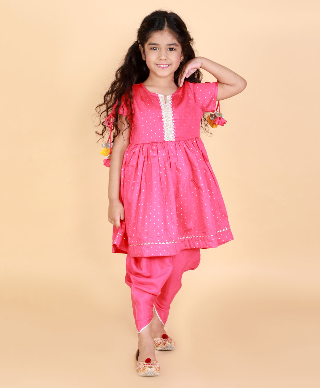 Lil' Drama Half Sleeves Foil Polka Dots Printed Gota Patti Detailed Kurta Dhoti - Pink-picture-20