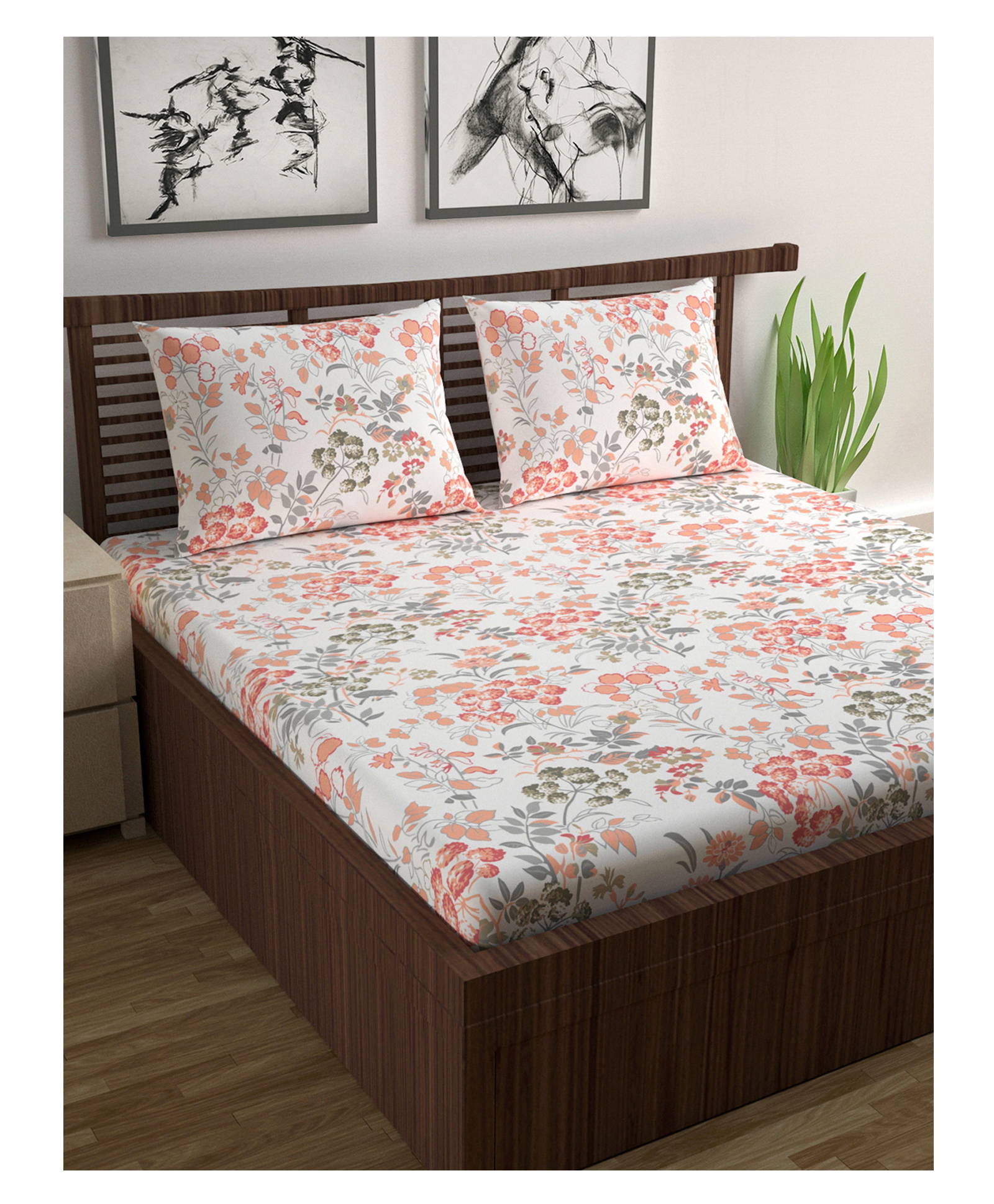 Divine Casa Cotton Lilac Birch Double Bedsheets with 2 Pillow Covers - Papaya Punch-image-14