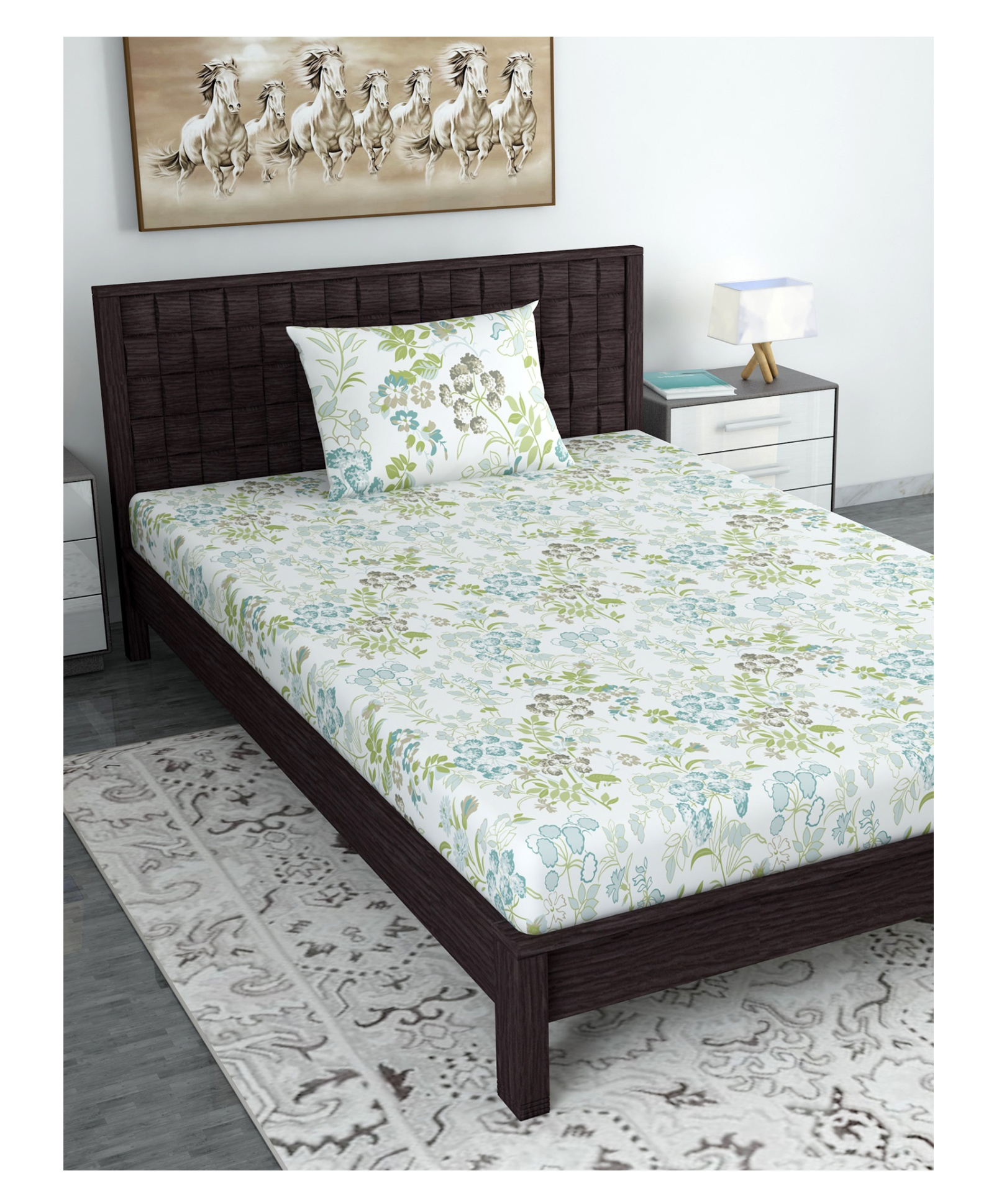Divine Casa Cotton Lily Birch Single Bedsheet with One Pillow Cover - Green-image-13