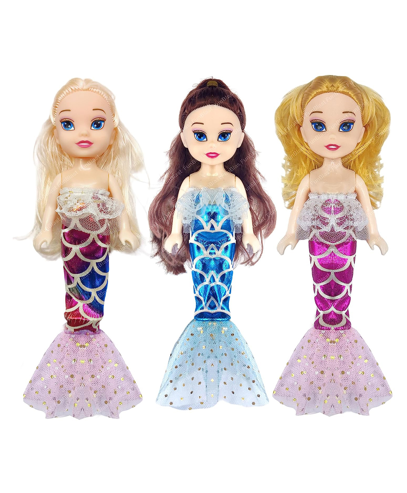 FunBlast Cute Realistic Mermaid Doll Toys Pack of 3 Multicolor - Height 20 cm-image-49