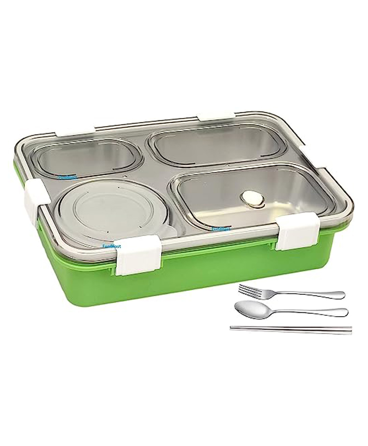 FunBlast Stainless Steel Insulated Lunch Box with Spoon Fork & Chopsticks - Green-image-19
