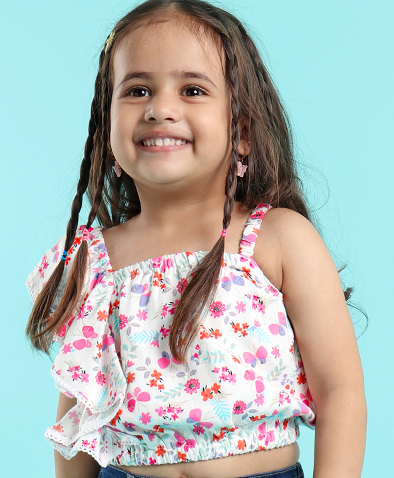 Babyhug 100% Rayon Woven Sleeveless One Shoulder Crop Top With Frill & Lace Detailing Floral Print- White-image-26