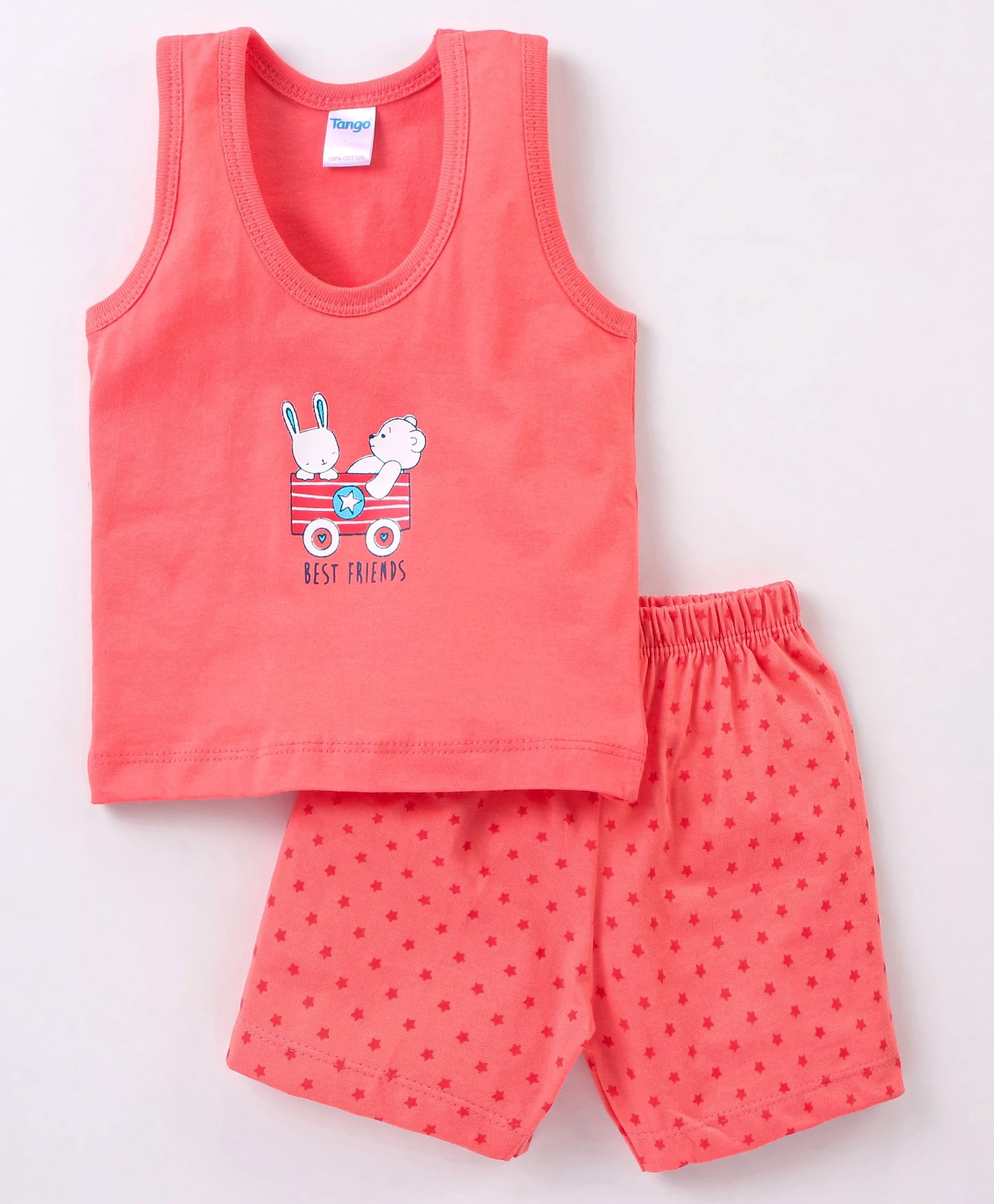 Tango Single Jersey Sleeveless Innerwear Set Bunny & Bear Print- Peach-image-7