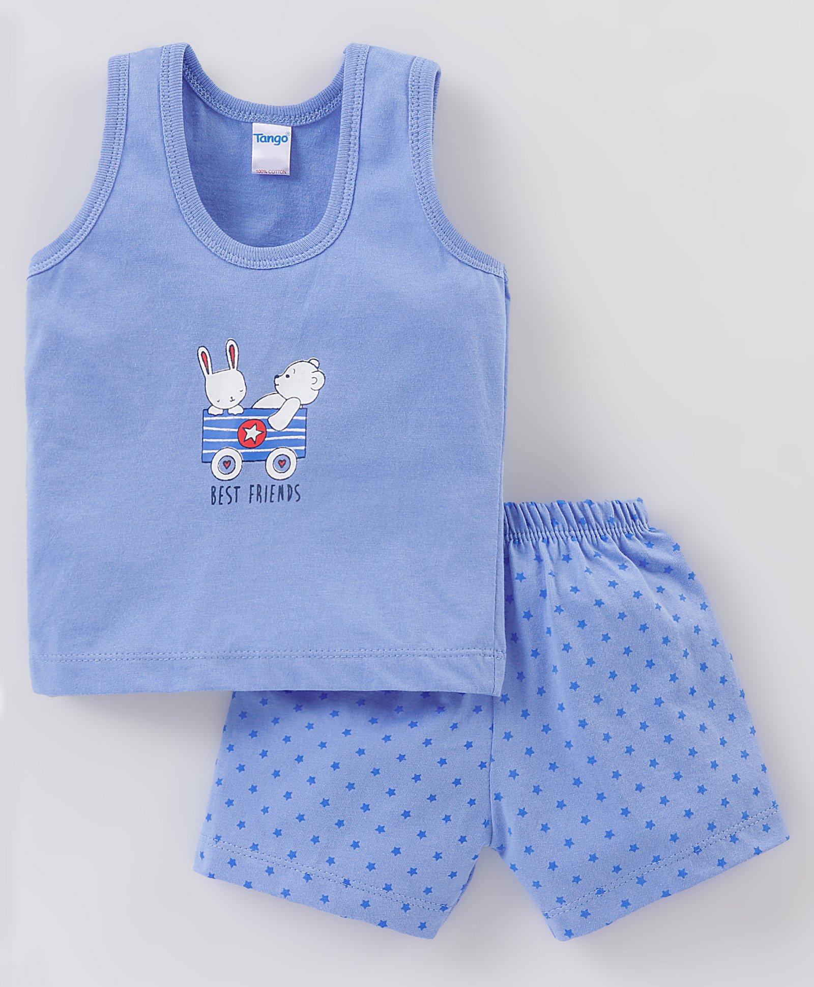 Tango Single Jersey Sleeveless Innerwear Set Bunny & Bear Print- Blue-image-3