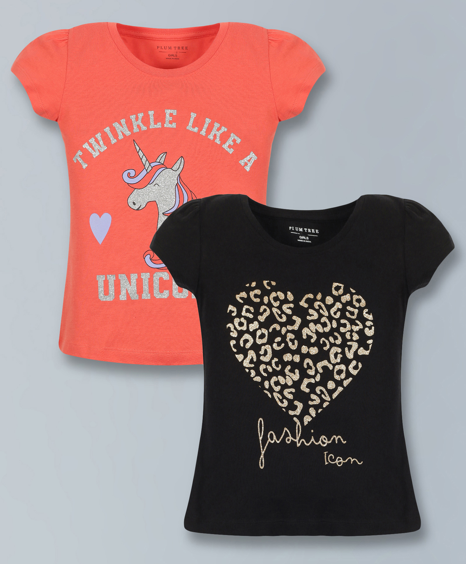 Plum Tree Pack Of 2 Cap Puffed Sleeve Unicorn & Heart Design Leopard Glitter Printed Tops - Coral & Black-picture-48