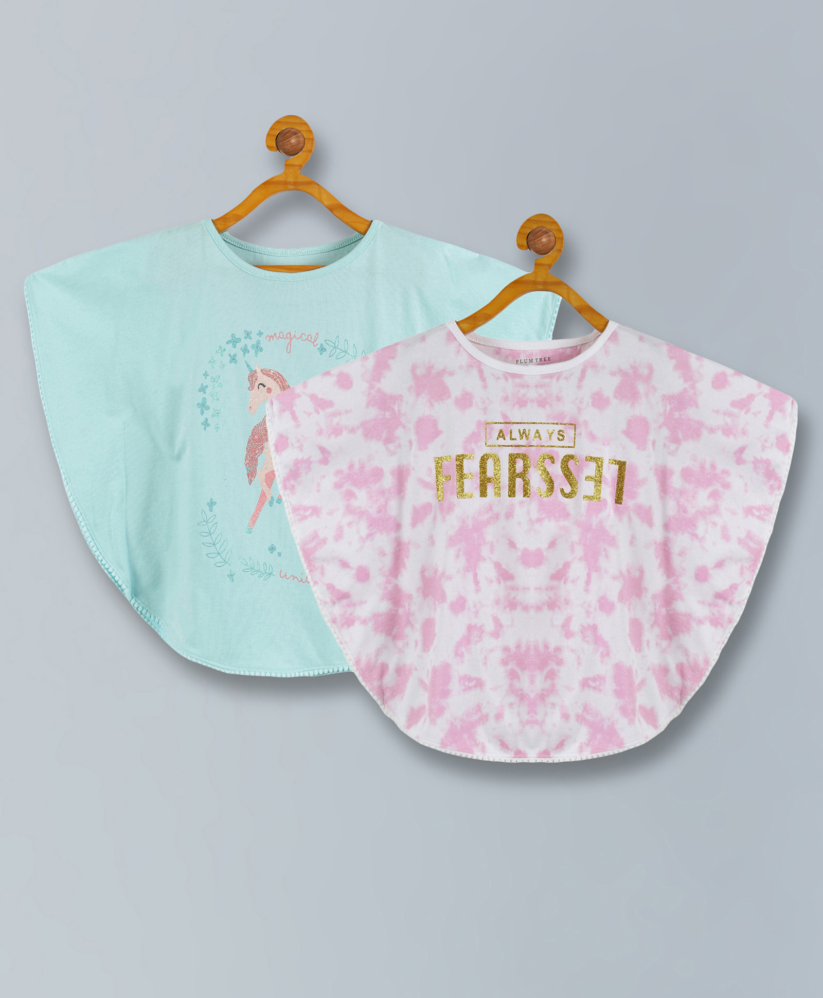 Plum Tree Pack Of 2 Three Fourth Sleeves Unicorn & Text Glitter Printed With Tie & Dye Kaftan Tops - Pink & Aqua Blue-picture-41