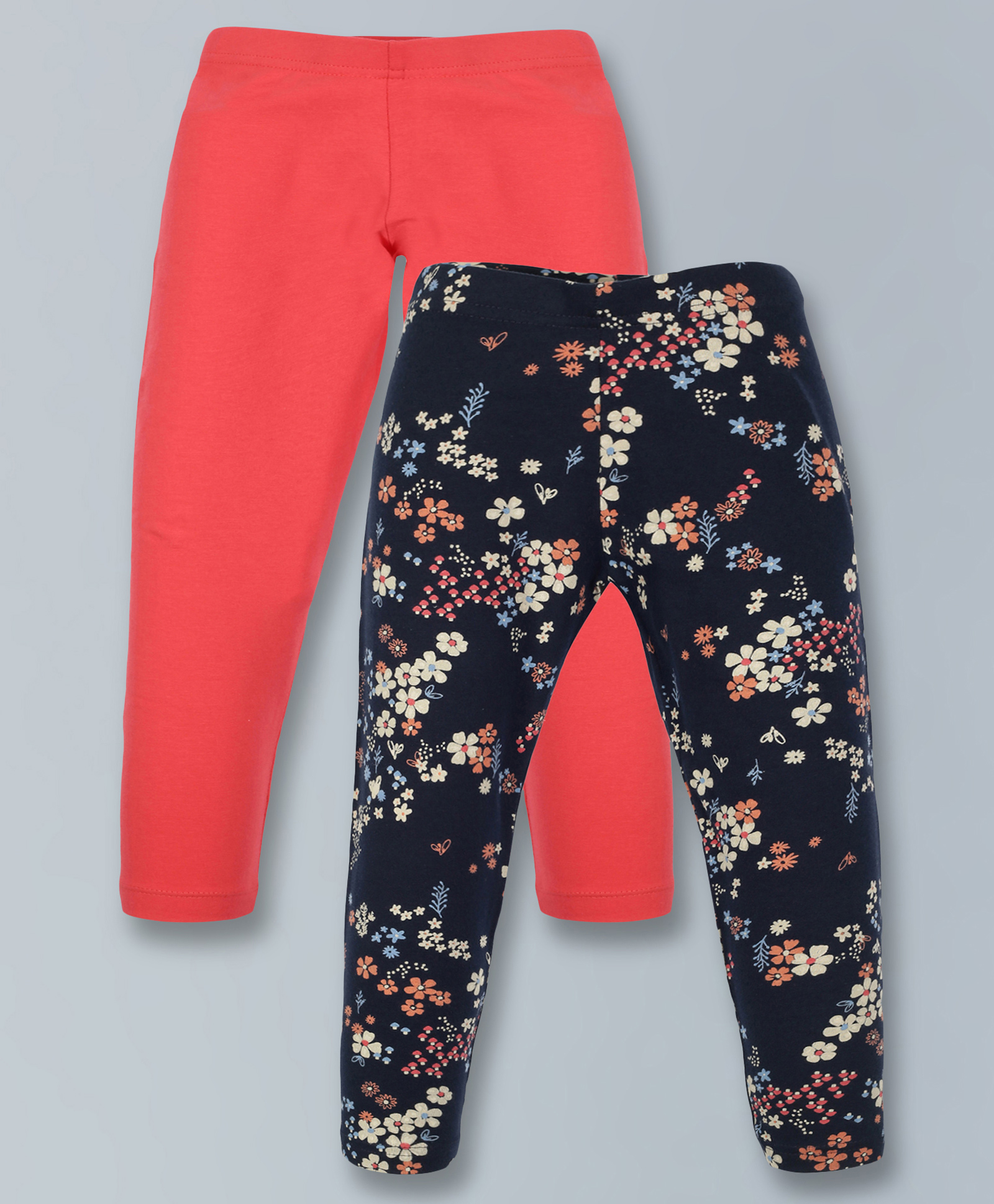 Plum Tree Pack Of 2 Solid & Floral Printed Leggings - Coral Pink Navy Blue-picture-18