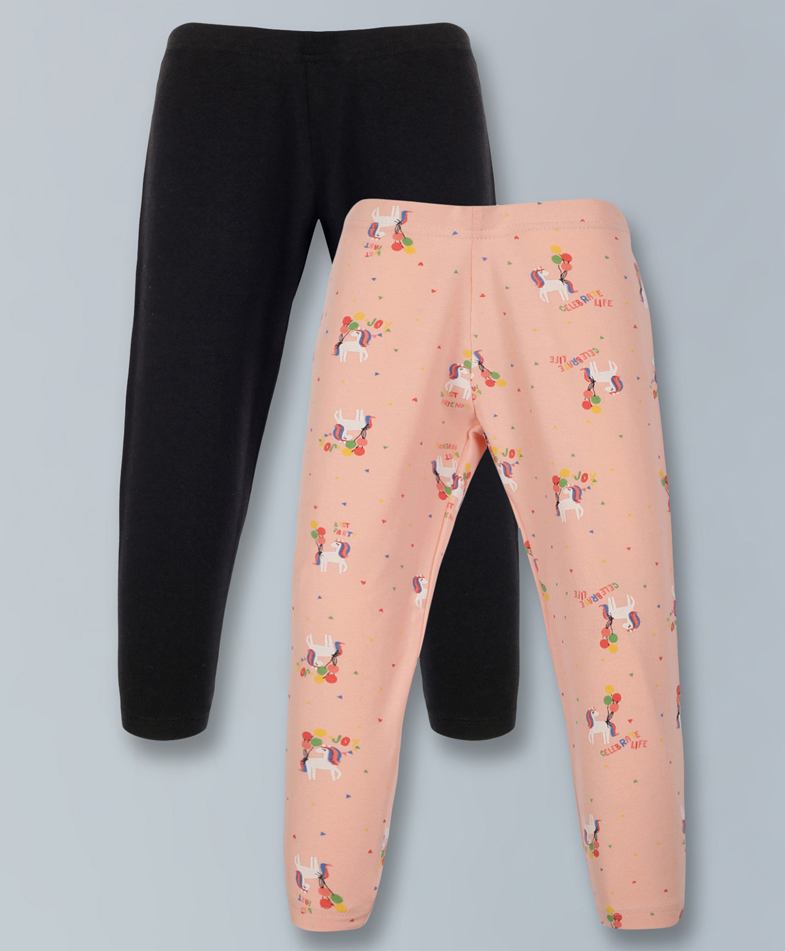 Plum Tree Pack Of 2 Solid & Unicorns Printed Leggings - Black Peach-picture-35