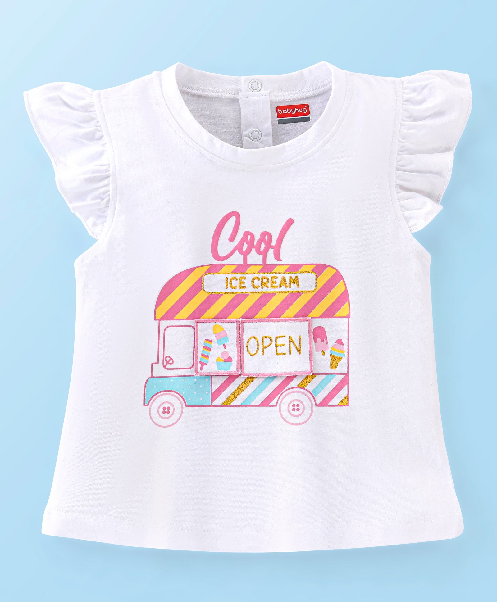 Babyhug 100% Cotton Half Sleeves HD Applique Graphics Printed Tee With Glitter & Frill Detailing - White-image-15