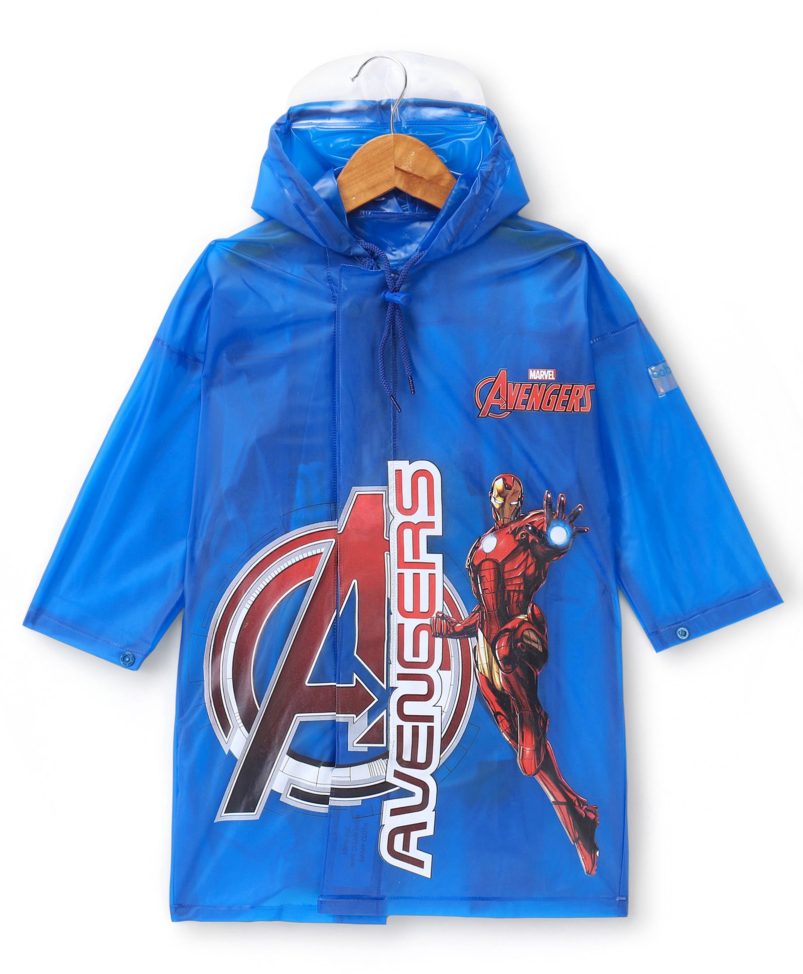 Babyhug Full Sleeves Calf Length Hooded Raincoat Avengers Print - Blue