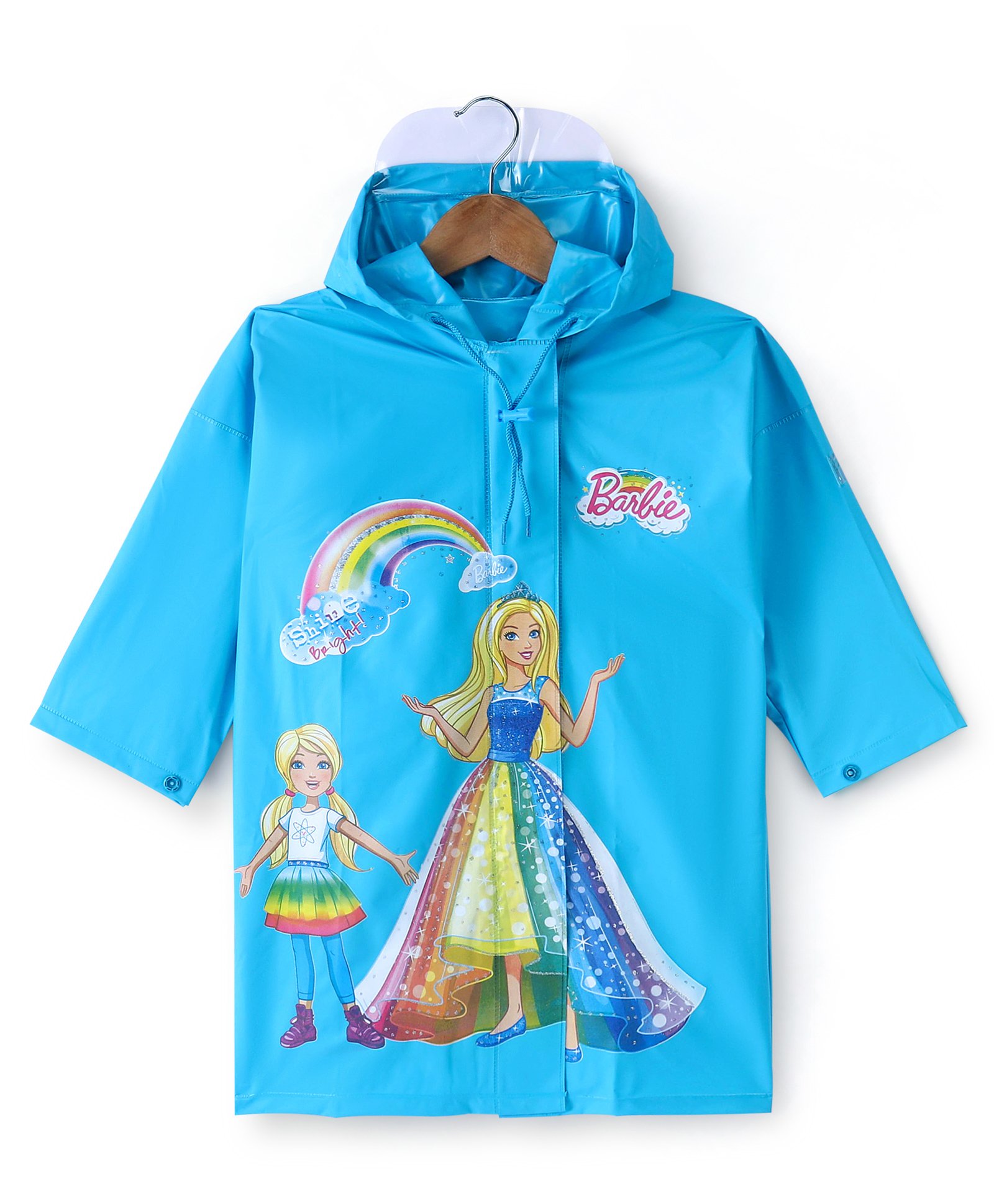 Babyhug Full Sleeve Calf Length Hooded Raincoat Barbie Print - Blue