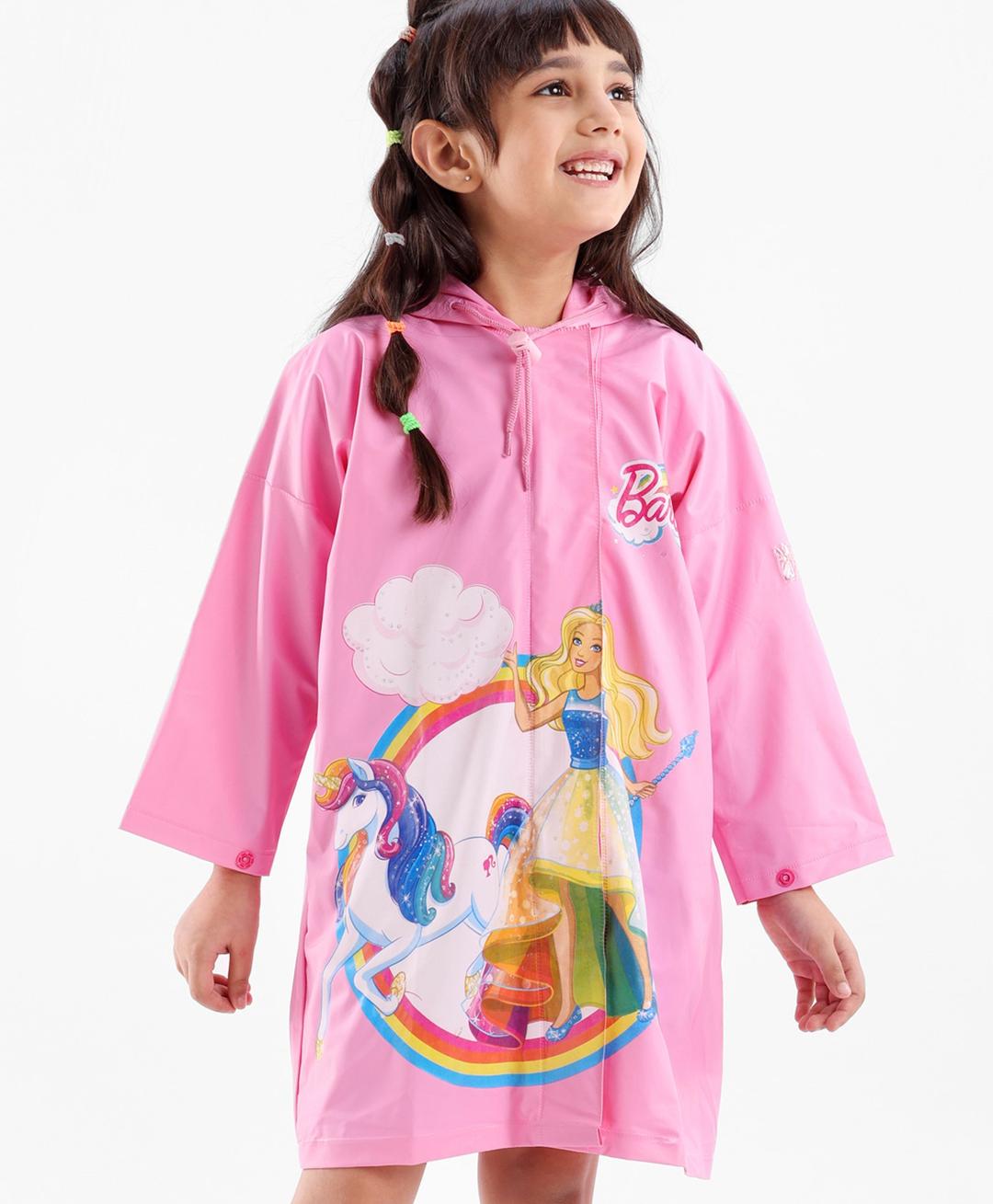 Babyhug Full Sleeves Hooded Barbie Graphics Raincoat - Pink