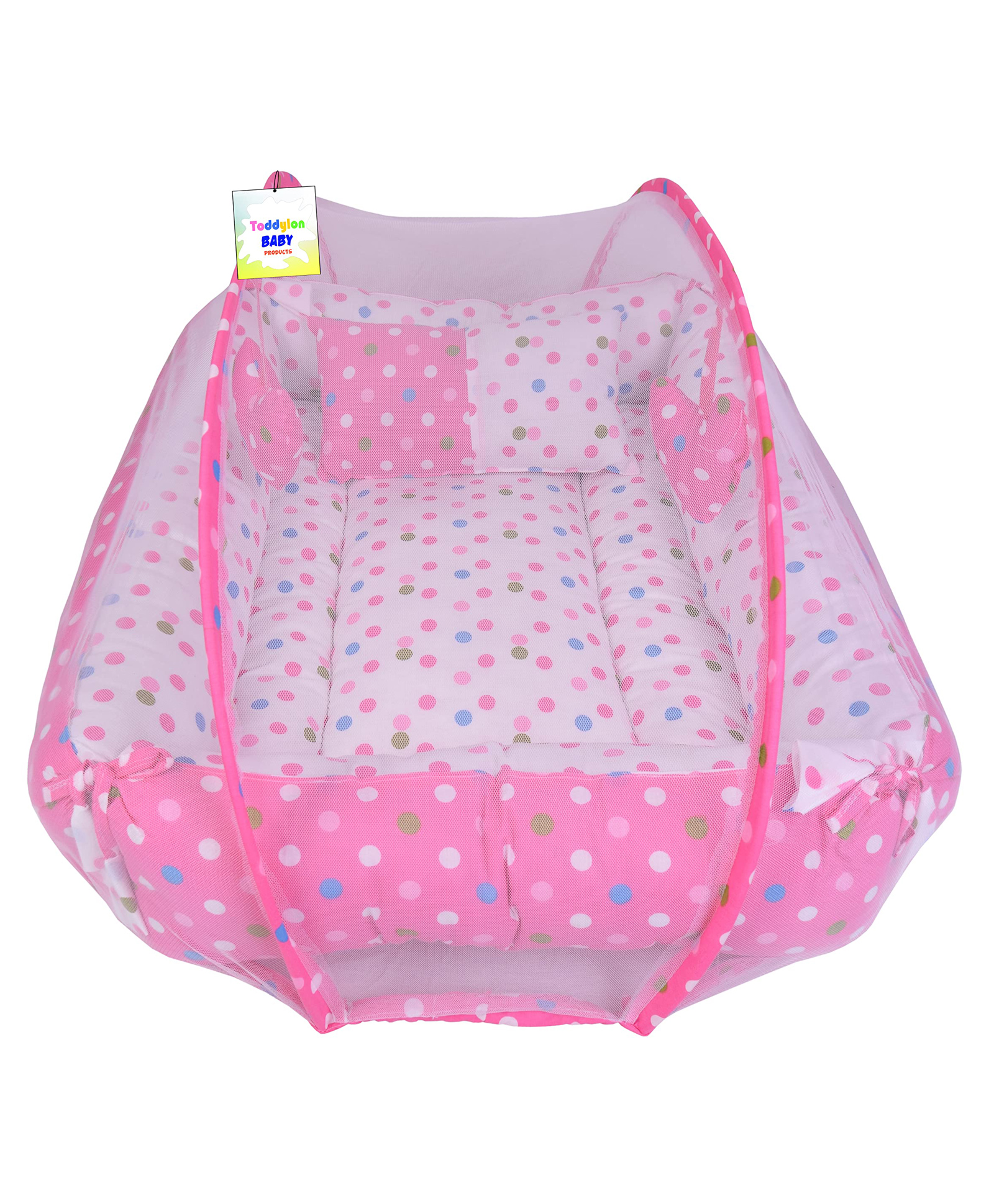 Toddylon Baby Bedding Set New Born Mattress with Mosquito Net Polka Dot Printed  - Pink-picture-10
