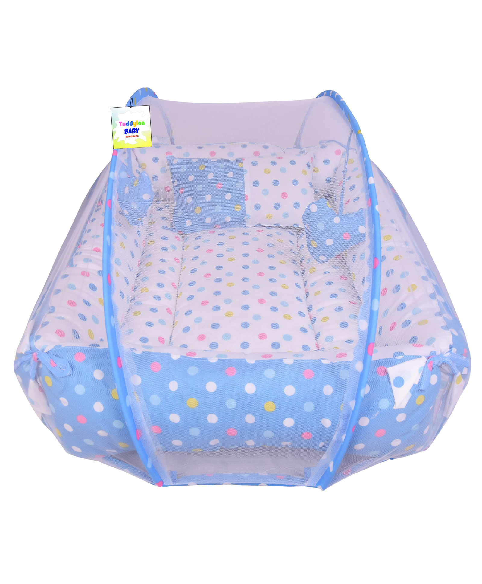 Toddylon Baby Bedding Set New Born Mattress with Mosquito Net Polka Dot Printed  - Blue-image-38