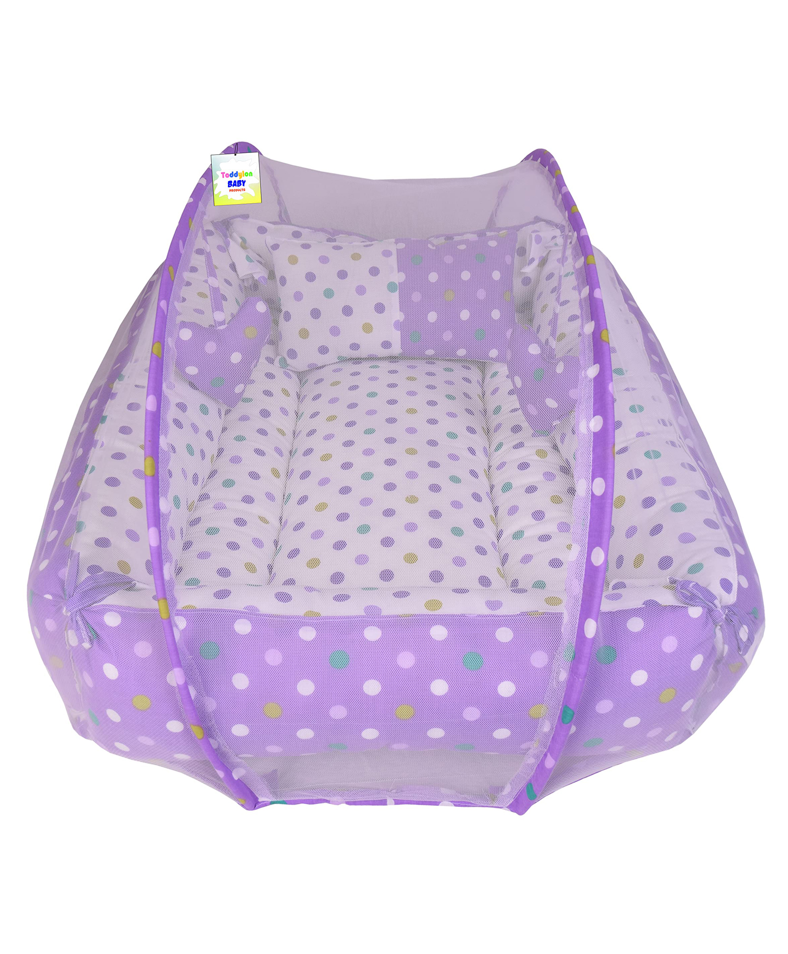 Toddylon Baby Bedding Set New Born Mattress with Mosquito Net Polka Dot Printed  - Purple-image-39
