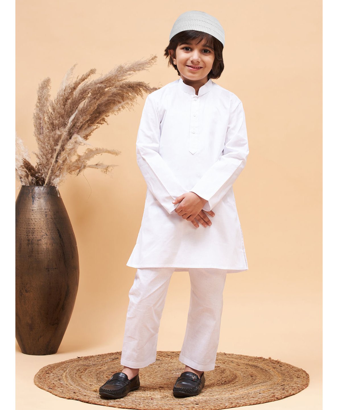 JBN Creation Eid Special Full Sleeves Solid Kurta & Pajama With Cap Set - White-image-11