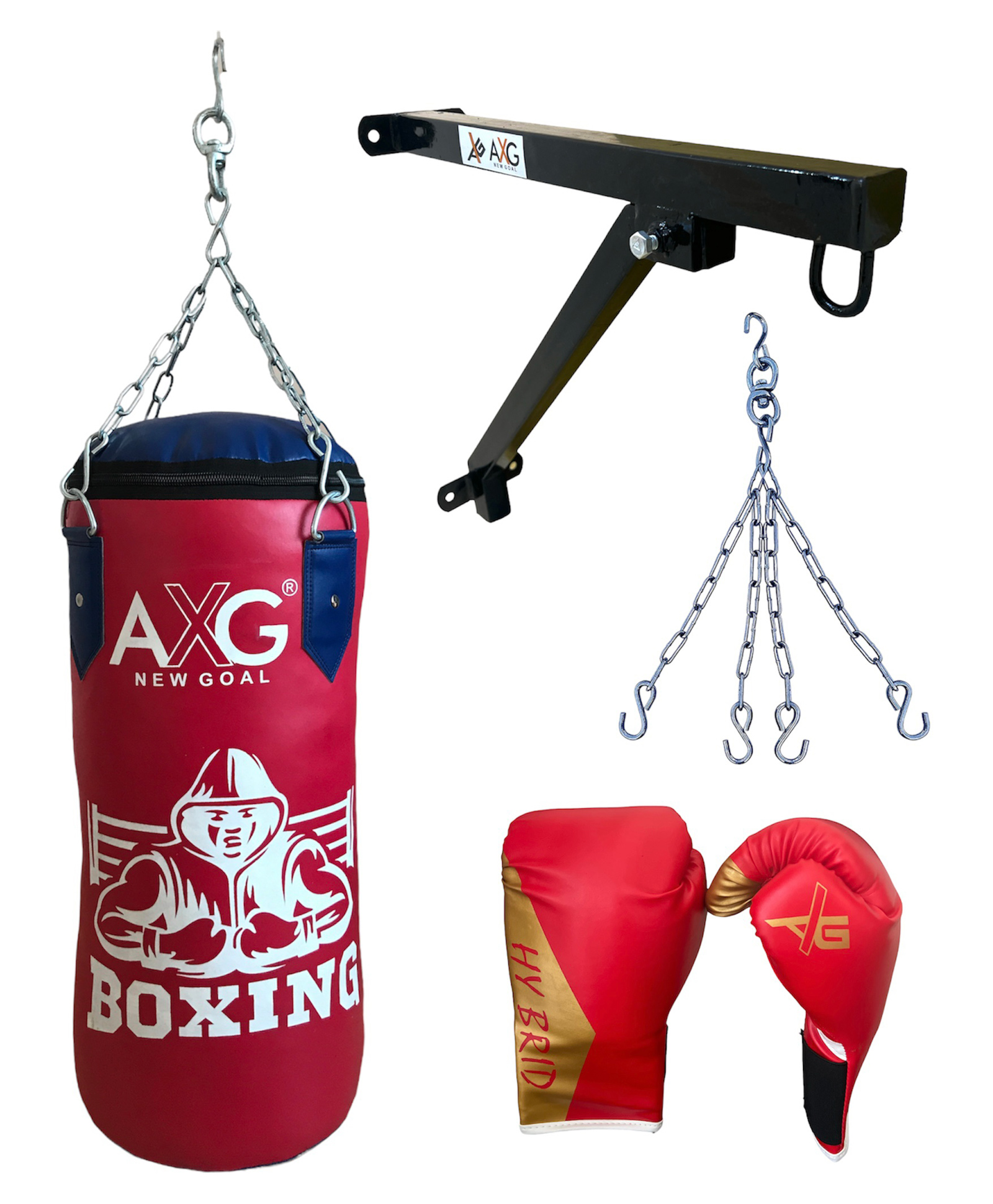 AXG NEW GOAL 2.5ft Durable PU Unfilled Punching Bag Boxing Gloves & Wall Stand and Chain Boxing Kit - Red-image-3