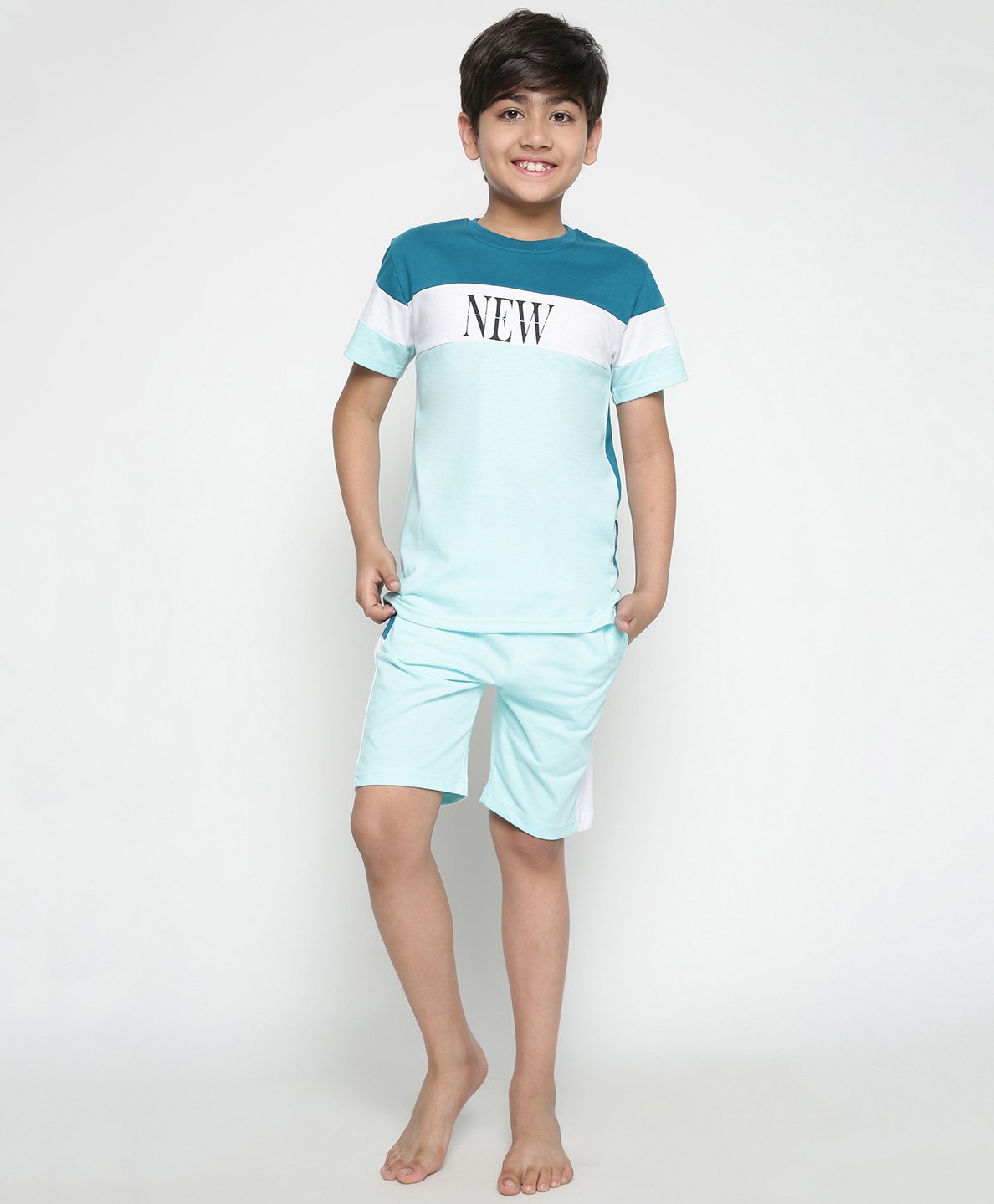 Lil Tomatoes Half Sleeves NEW Printed Colour Blocked Night Suit - Teal Blue-picture-16