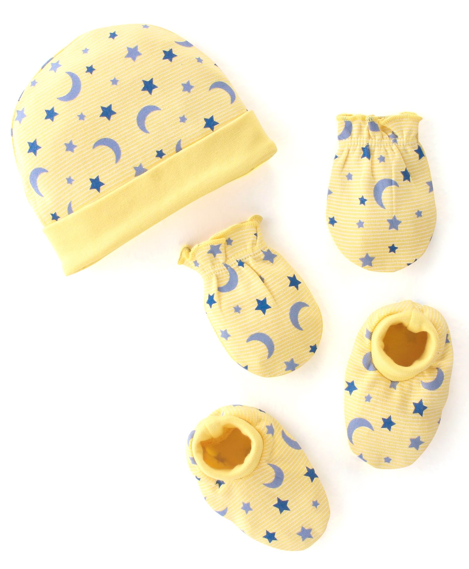 Babyhug 100% Cotton Cap Mittens & Booties Moon & Stars Print Yellow- Diameter 11 cm-image-21